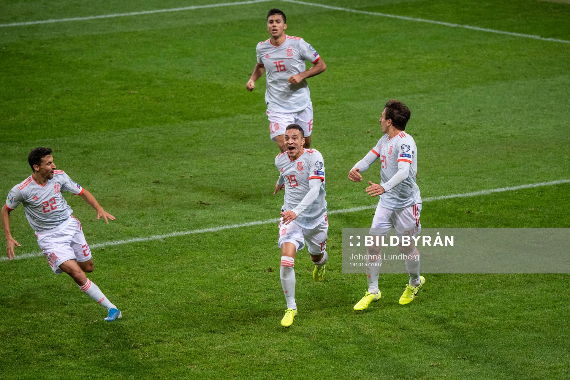 Jesus Navas, Rodrigo, Rodri and Mikel Oyarzabal celebrates after 1-1 during the UEFA Euro Qualifier football match between Sweden and Spain on October 15, 2019 in Stockholm.