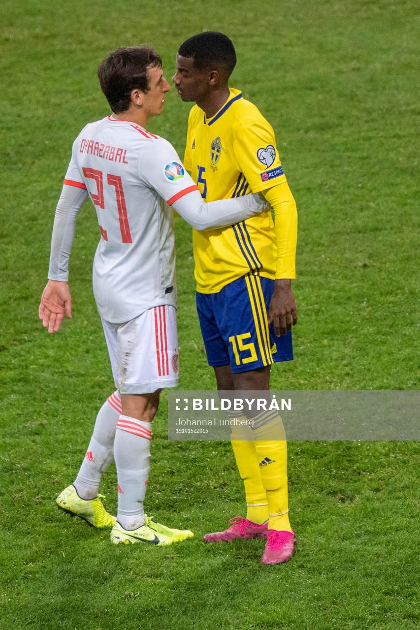 Mikel Oyarzabal of Spain and Alexander Isak of Sweden