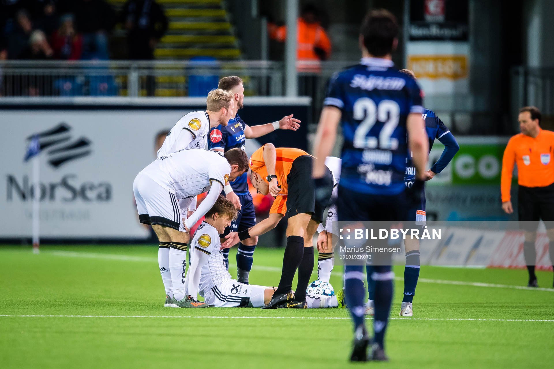 Yann-Erik Randa Bahezre de Lanlay of Rosenborg in pain during the Eliteserien match between Kristiansund and Rosenborg on October 19, 2019 in Kristiansund.