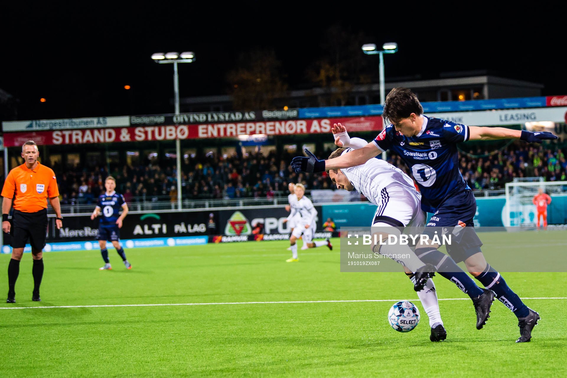 Mike Lindemann Jensen of Rosenborg and Bent Langåssve Sørmo of Kristiansund during the Eliteserien match between Kristiansund and Rosenborg on October 19, 2019 in Kristiansund.