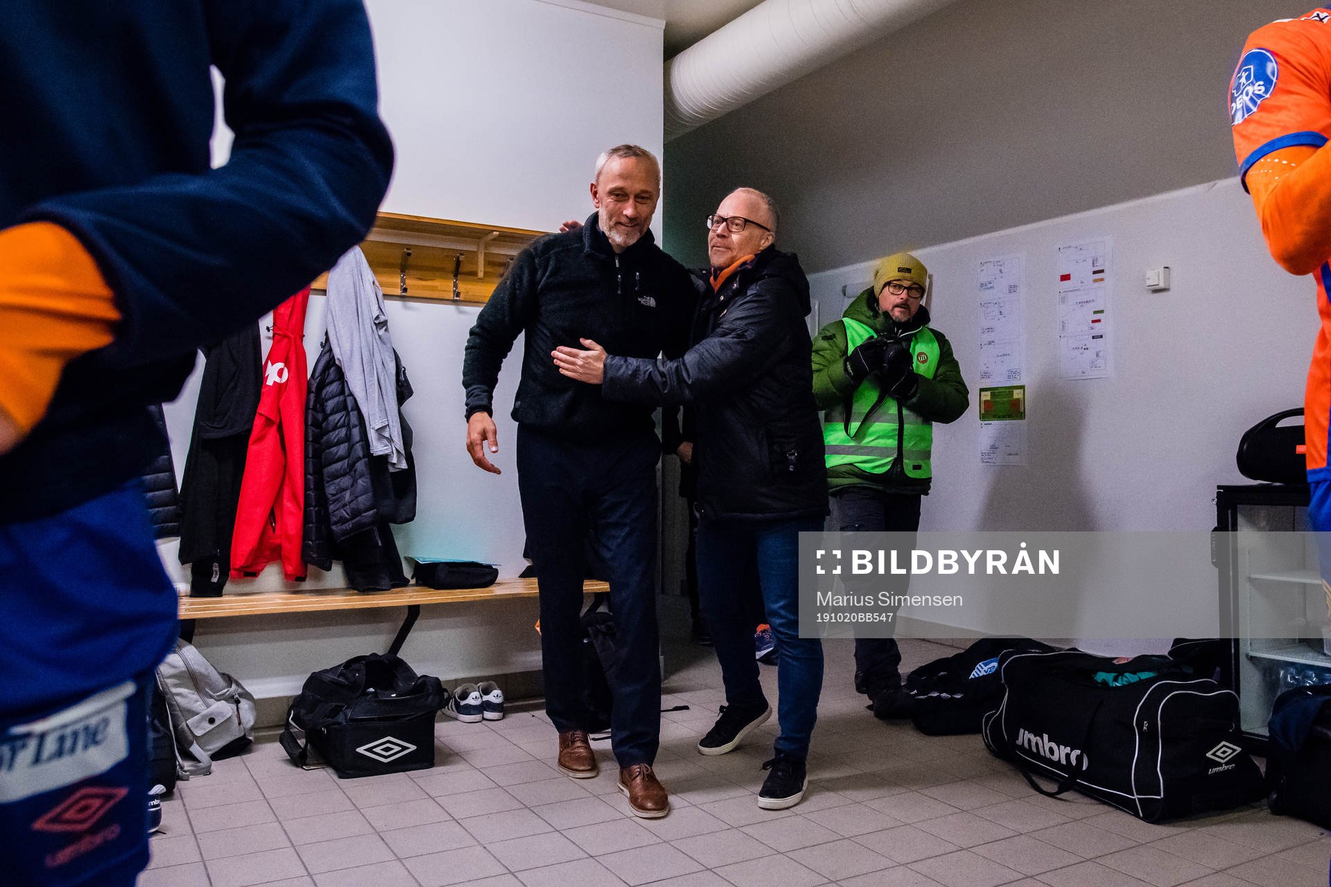 Lars Bohinen, head coach of Aalesund, and Geir Steinar Vik, managing director of Aalesund, celebrates promotion to the Eliteserien after the OBOS-ligaen match between Tromsdalen and Aalesund on October 20, 2019 in Tromsø.