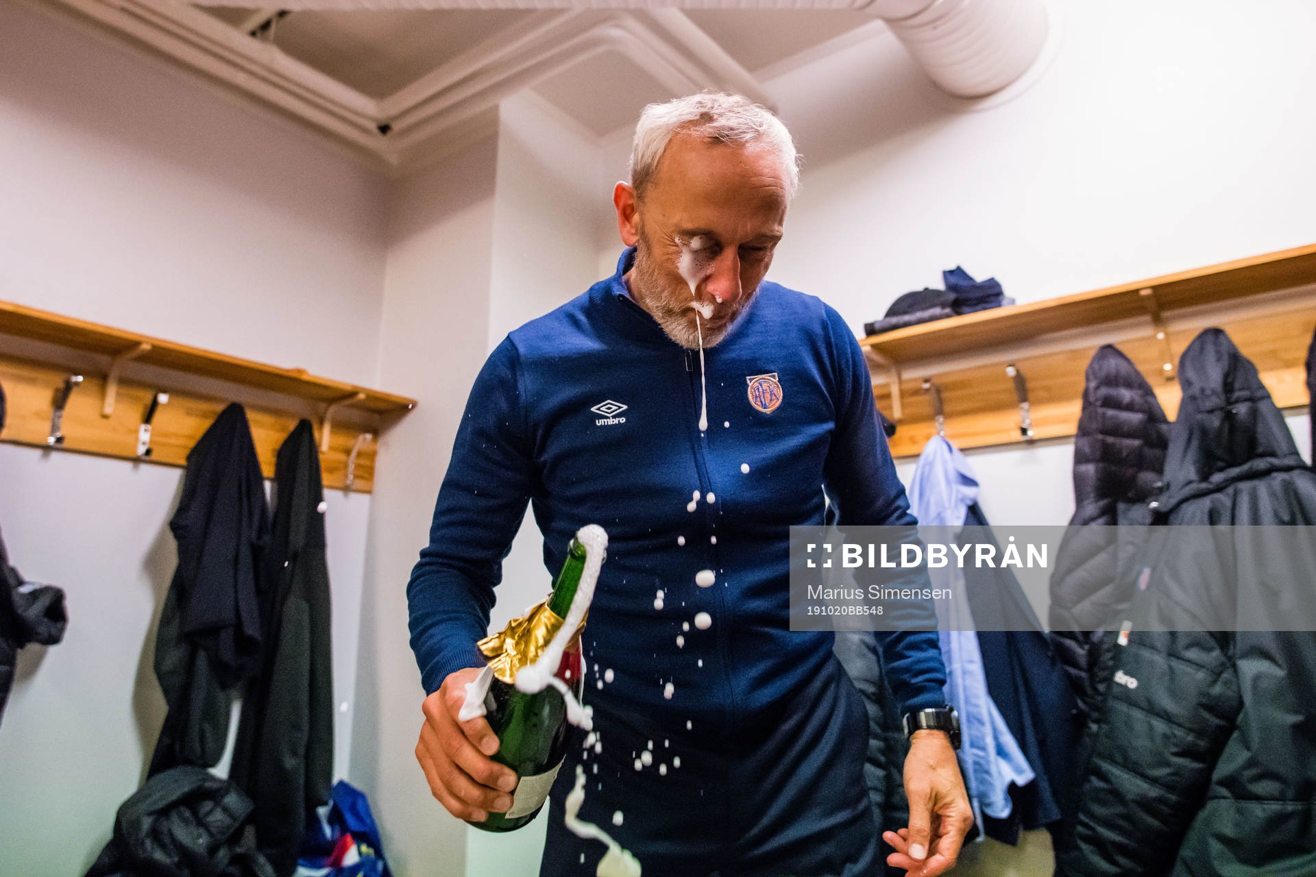 Lars Bohinen, head coach of Aalesund, celebrates promotion
