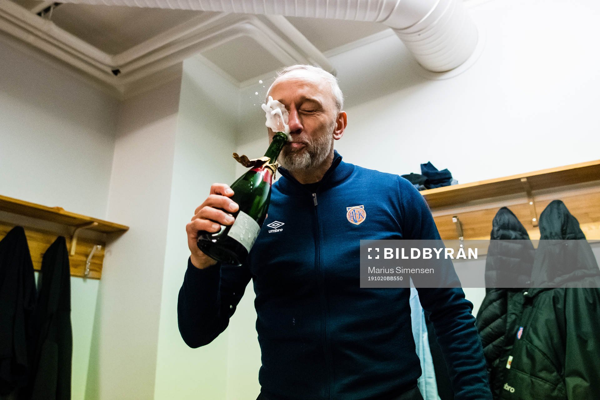 Lars Bohinen, head coach of Aalesund, celebrates promotion