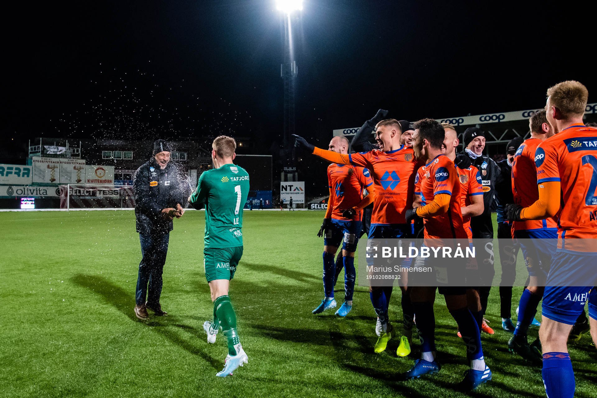 Lars Bohinen, head coach of Aalesund, celebrates promotion