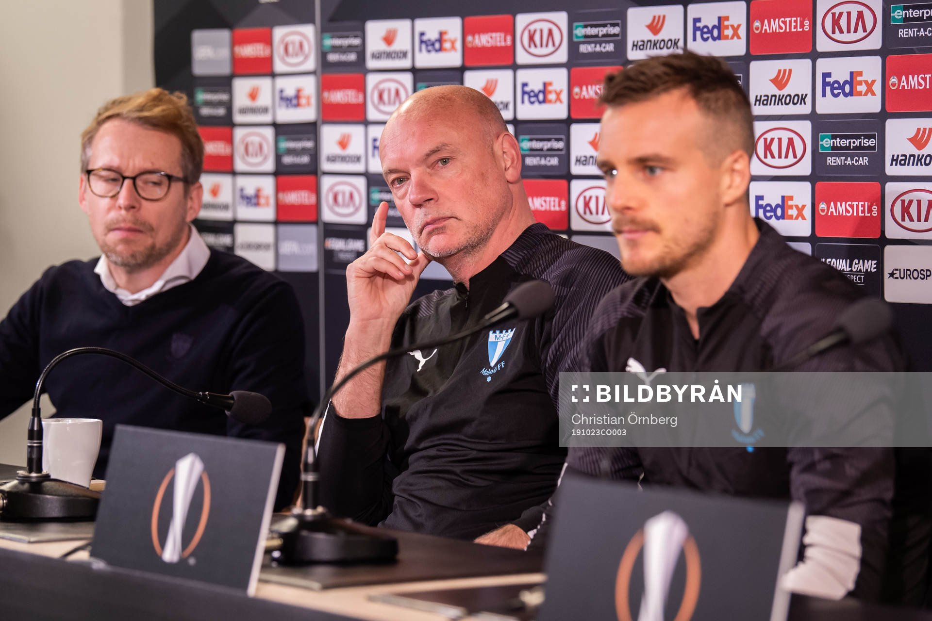 Communications officer Peter Åhlander, Uwe Rösler, head coach Eric Larsson of Malmö FF during a press conference ahead of the Europa league match between Malmö FF and Lugano on October 23, 2019 in Malmö.
