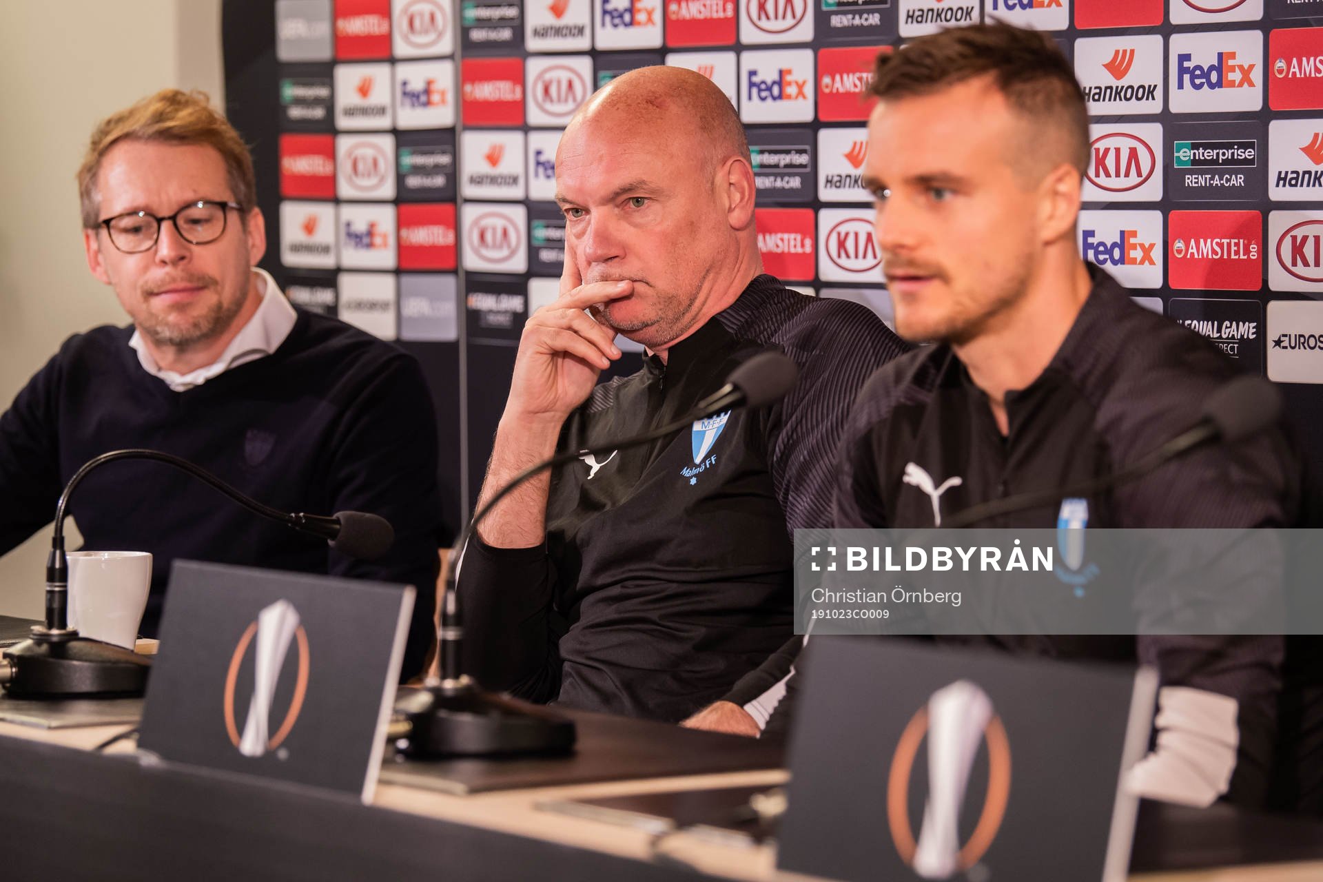 Communications officer Peter Åhlander, Eric Larsson and Uwe Rösler, head coach of Malmö FF during a press conference ahead of the Europa league match between Malmö FF and Lugano on October 23, 2019 in Malmö.