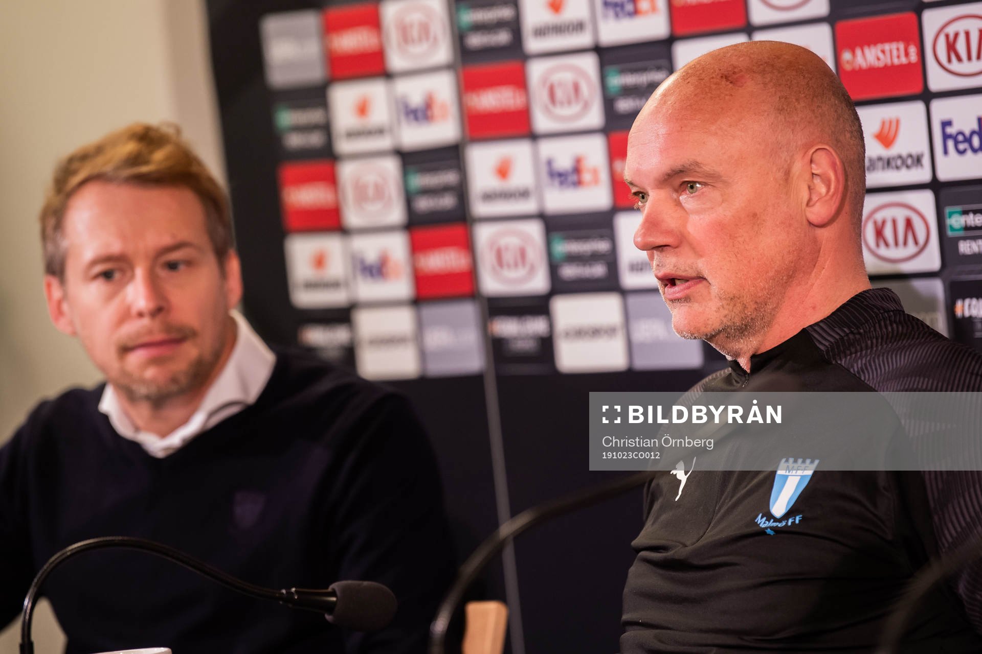 Communications officer Peter Åhlander and Uwe Rösler, head coach of Malmö FF during a press conference ahead of the Europa league match between Malmö FF and Lugano on October 23, 2019 in Malmö.