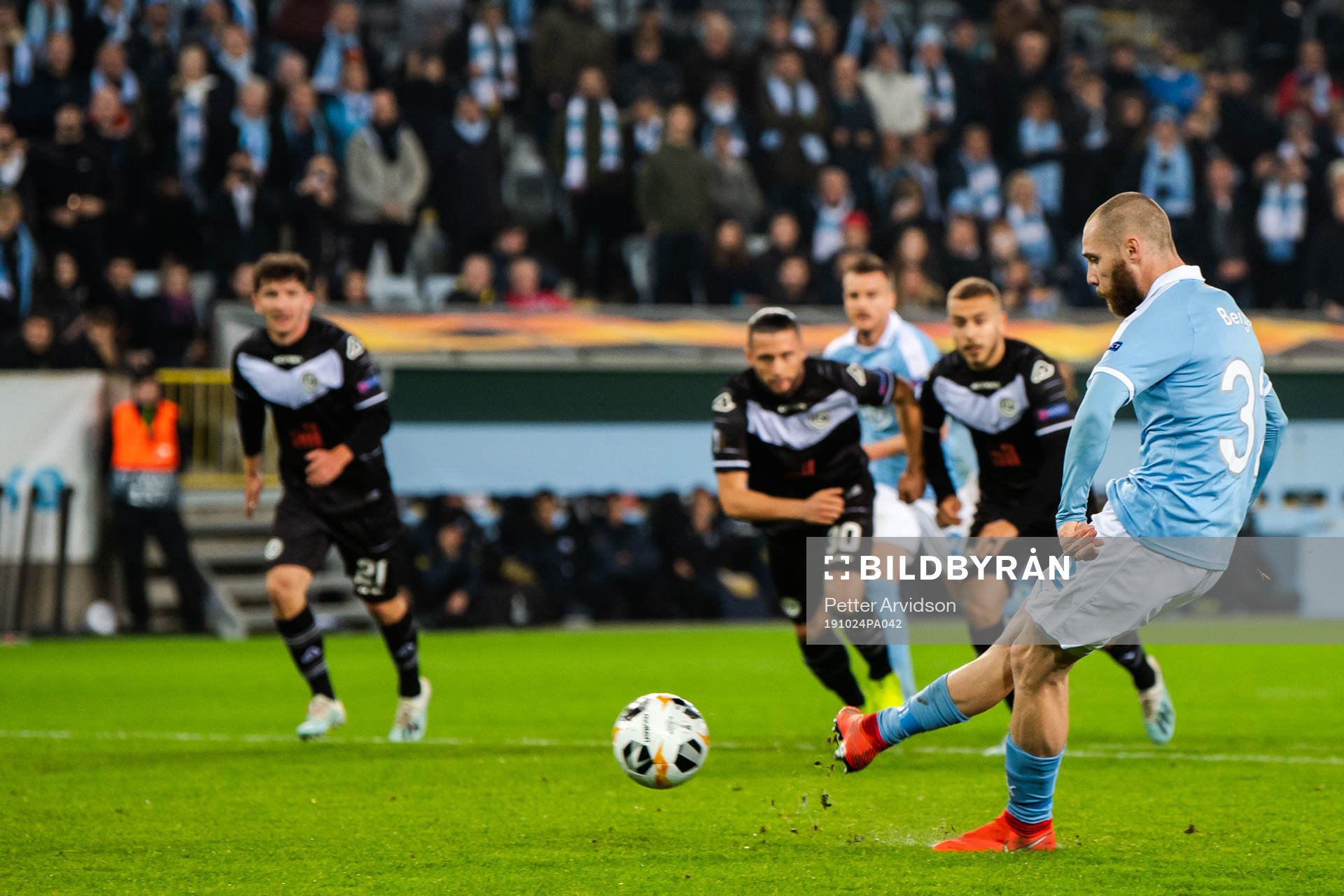Jo Inge Berget of Malmö FF scores 1-0 during the Europa League match between Malmö FF and Lugano on October 24, 2019 in Malmö.