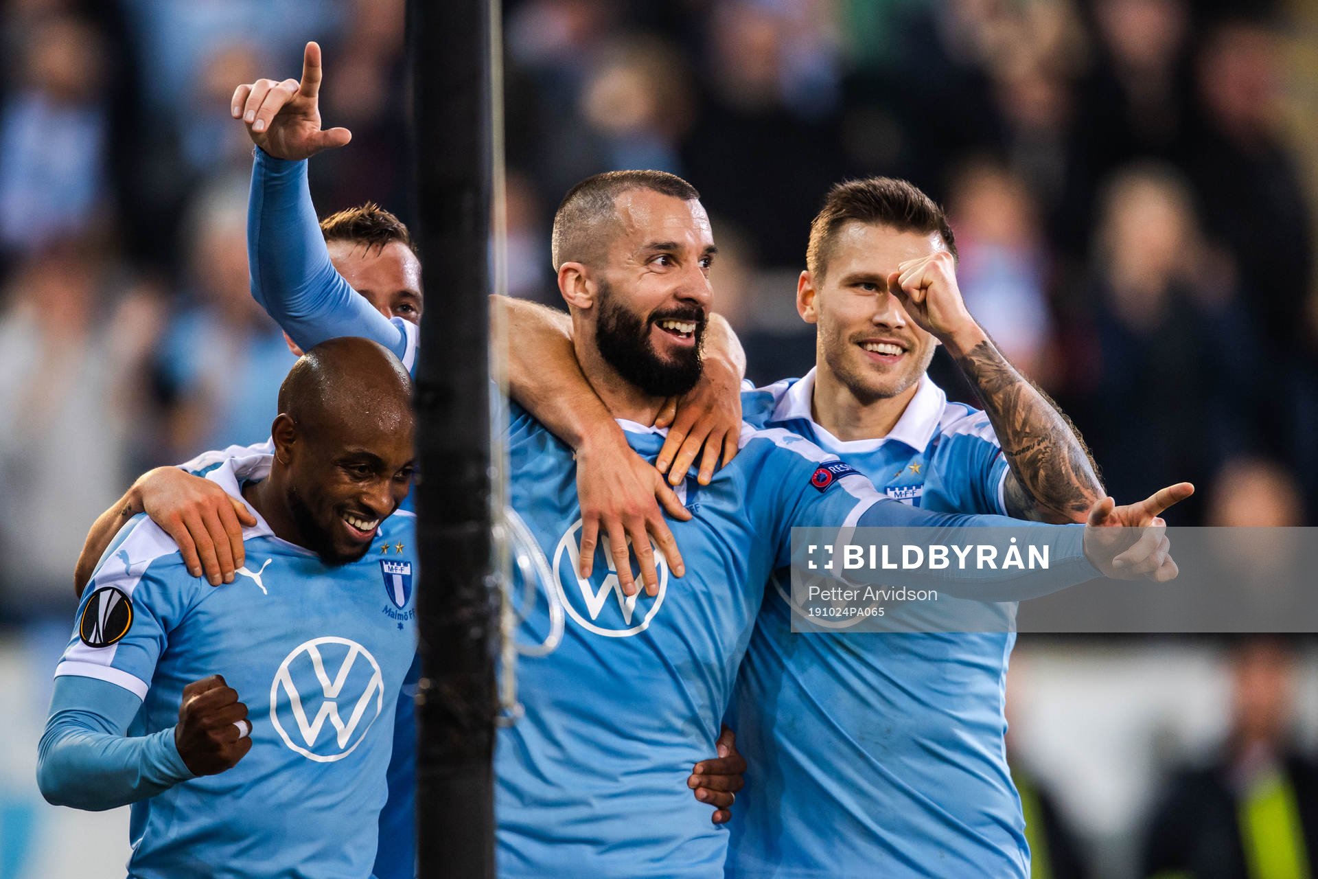 Fouad Bachirou, Guillermo Molins and Arnor Traustason of Malmö FF celebrate after 2-0 during the Europa League match between Malmö FF and Lugano on October 24, 2019 in Malmö.