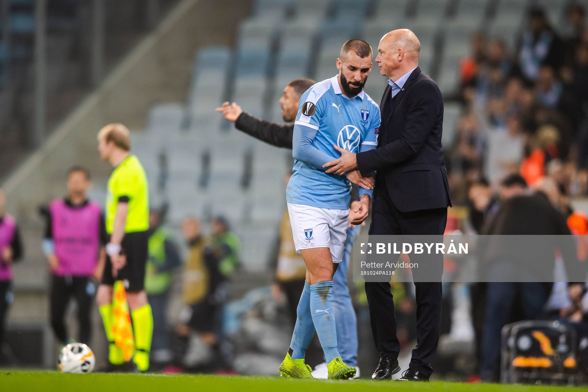 Guillermo Molins and Uwe Rösler, head coach of Malmö FF during the Europa League match between Malmö FF and Lugano on October 24, 2019 in Malmö.
