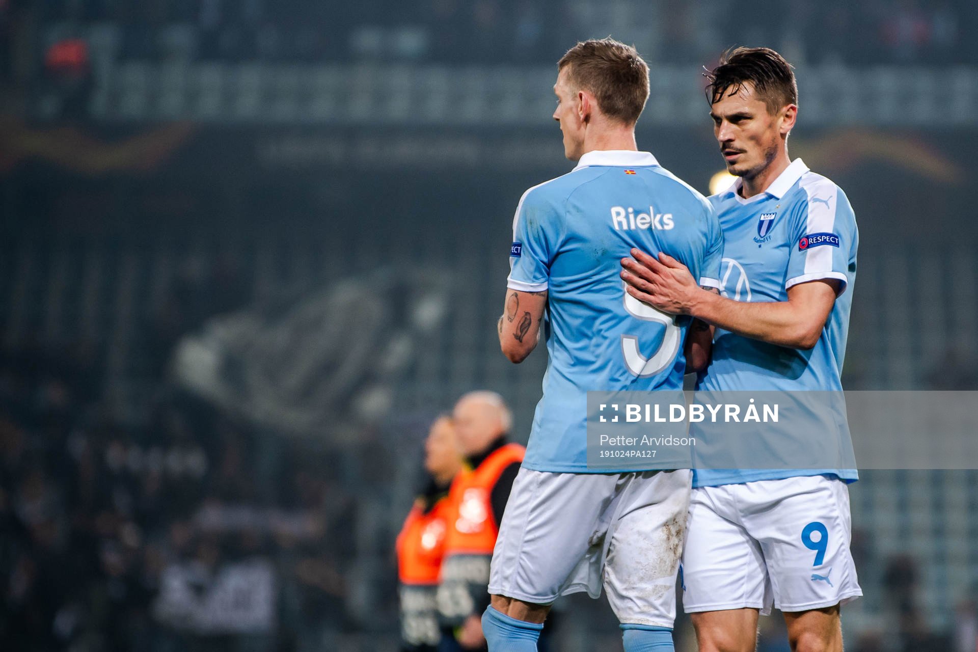Markus Rosenberg and Sören Rieks of Malmö FF celebrate after the Europa League match between Malmö FF and Lugano on October 24, 2019 in Malmö.