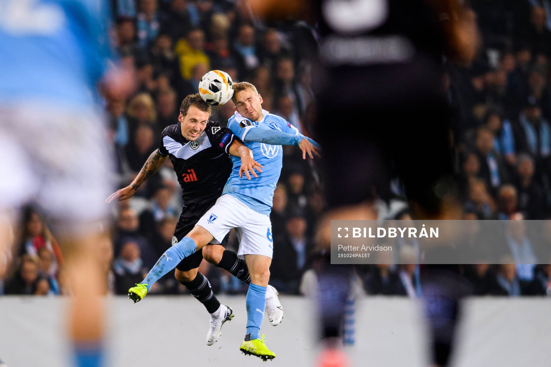 Alexander Gerndt of Lugano and Oscar Lewicki of Malmö FF during the Europa League match between Malmö FF and Lugano on October 24, 2019 in Malmö.