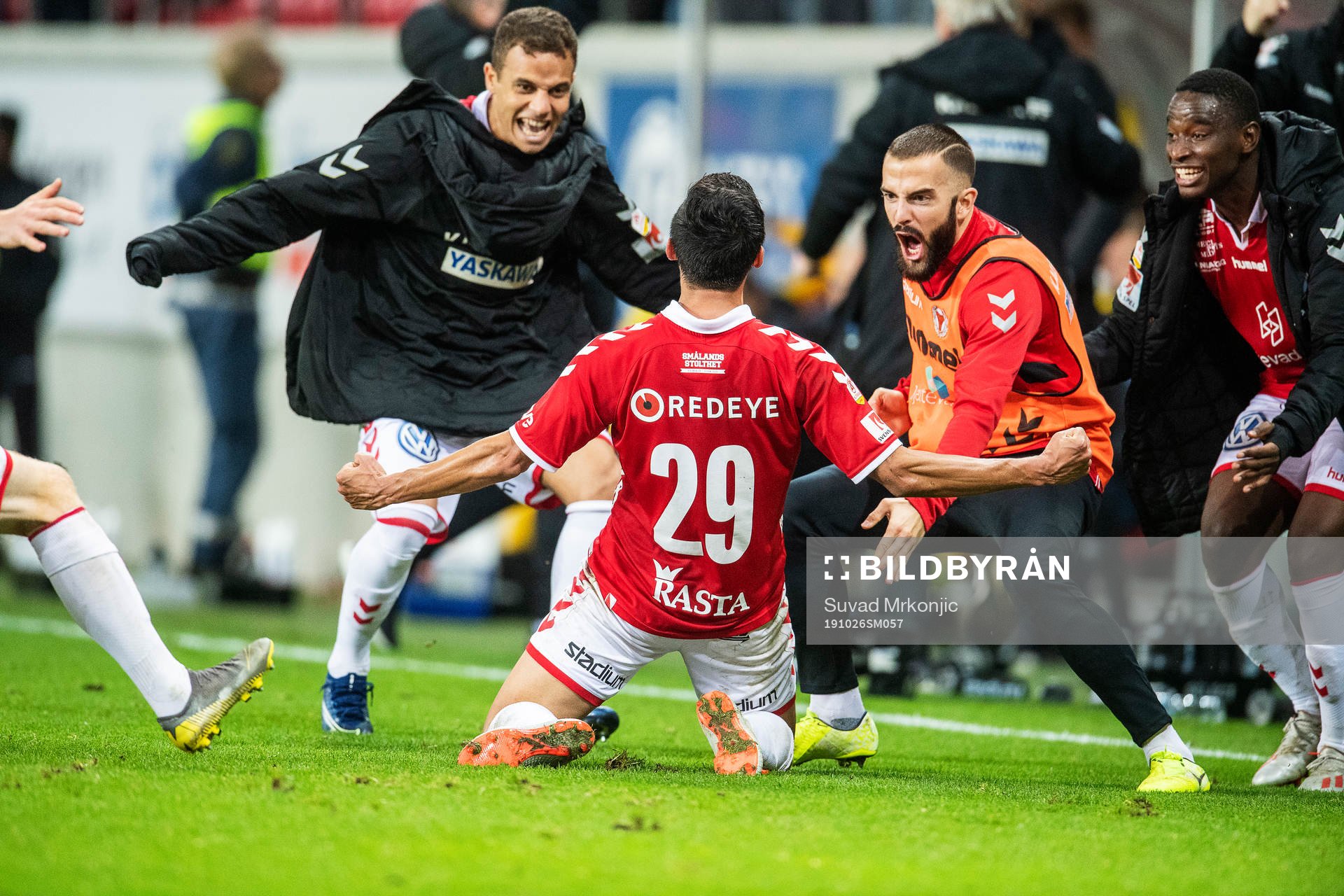 Kalmars Romário Pereira Sipião jublar efter 2-2 under fotbollsmatchen i Allsvenskan mellan Kalmar och Falkenberg den 26 oktober 2019 i Kalmar.