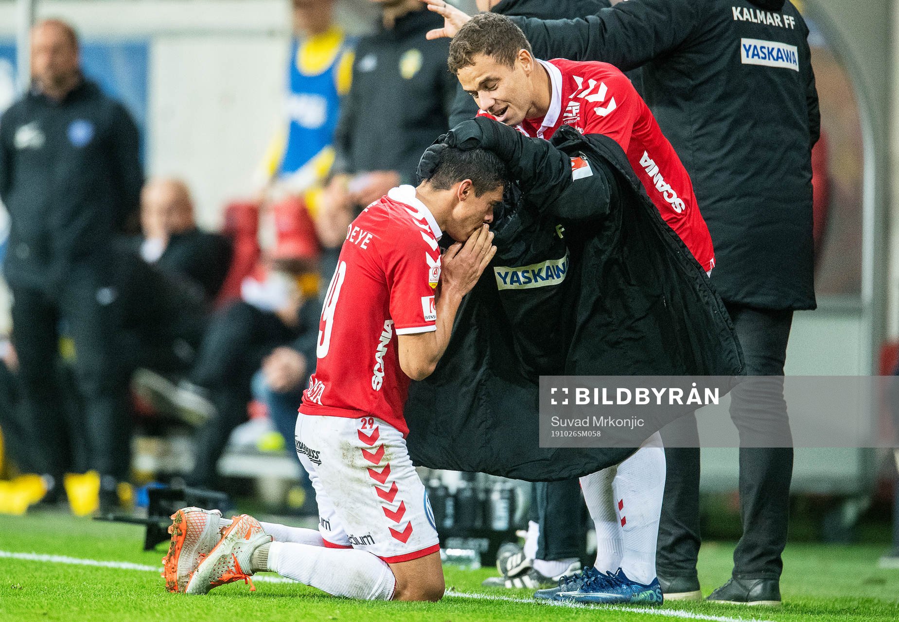 Kalmars Romário Pereira Sipião jublar efter 2-2 under fotbollsmatchen i Allsvenskan mellan Kalmar och Falkenberg den 26 oktober 2019 i Kalmar.