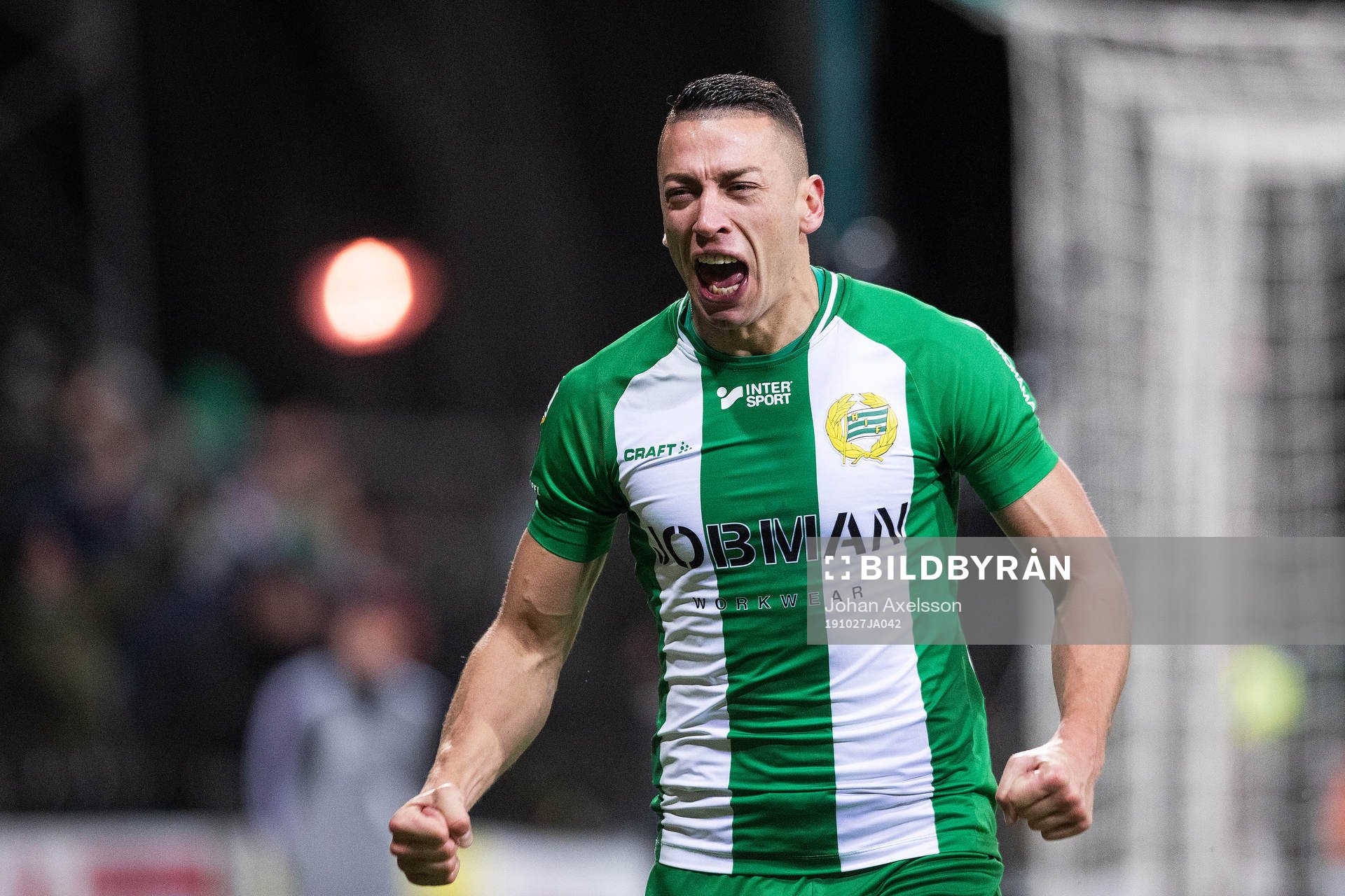 Hammarbys Nikola Djurdjic jublar efter 0-2 under fotbollsmatchen i Allsvenskan mellan Östersund och Hammarby den 27 Oktober 2019 i Östersund.