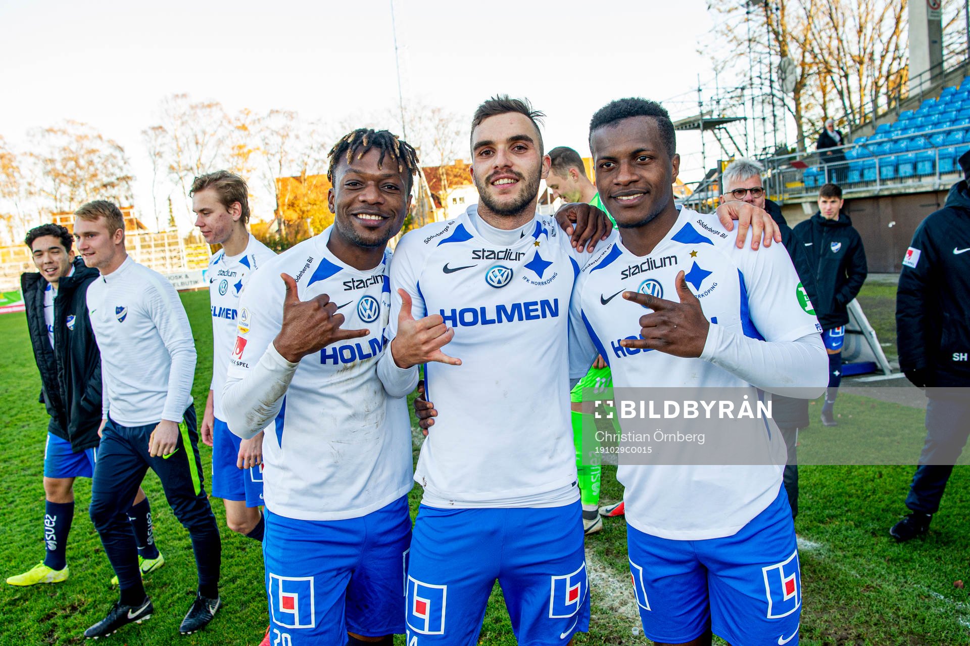 Norröpings Kevin Alvarez, Egzon Binaku och Manasse Kosu jublar åt vinsten i U21-finalen mellan Trelleborg och IFK Norrköping den 29 oktober 2019 i Trelleborg.