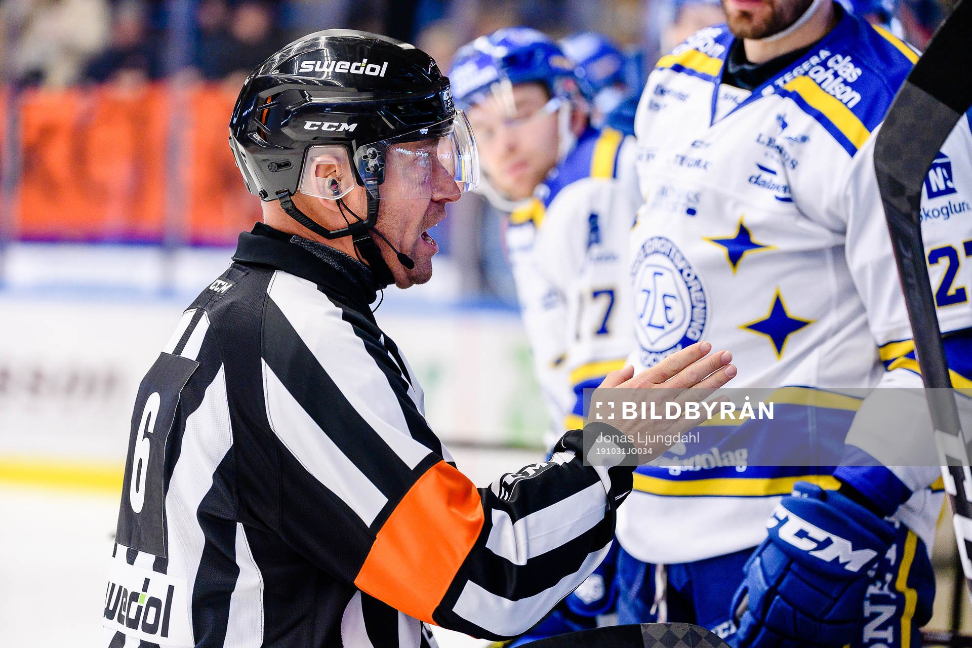 Domare Sören Persson pratar med Leksands bås
