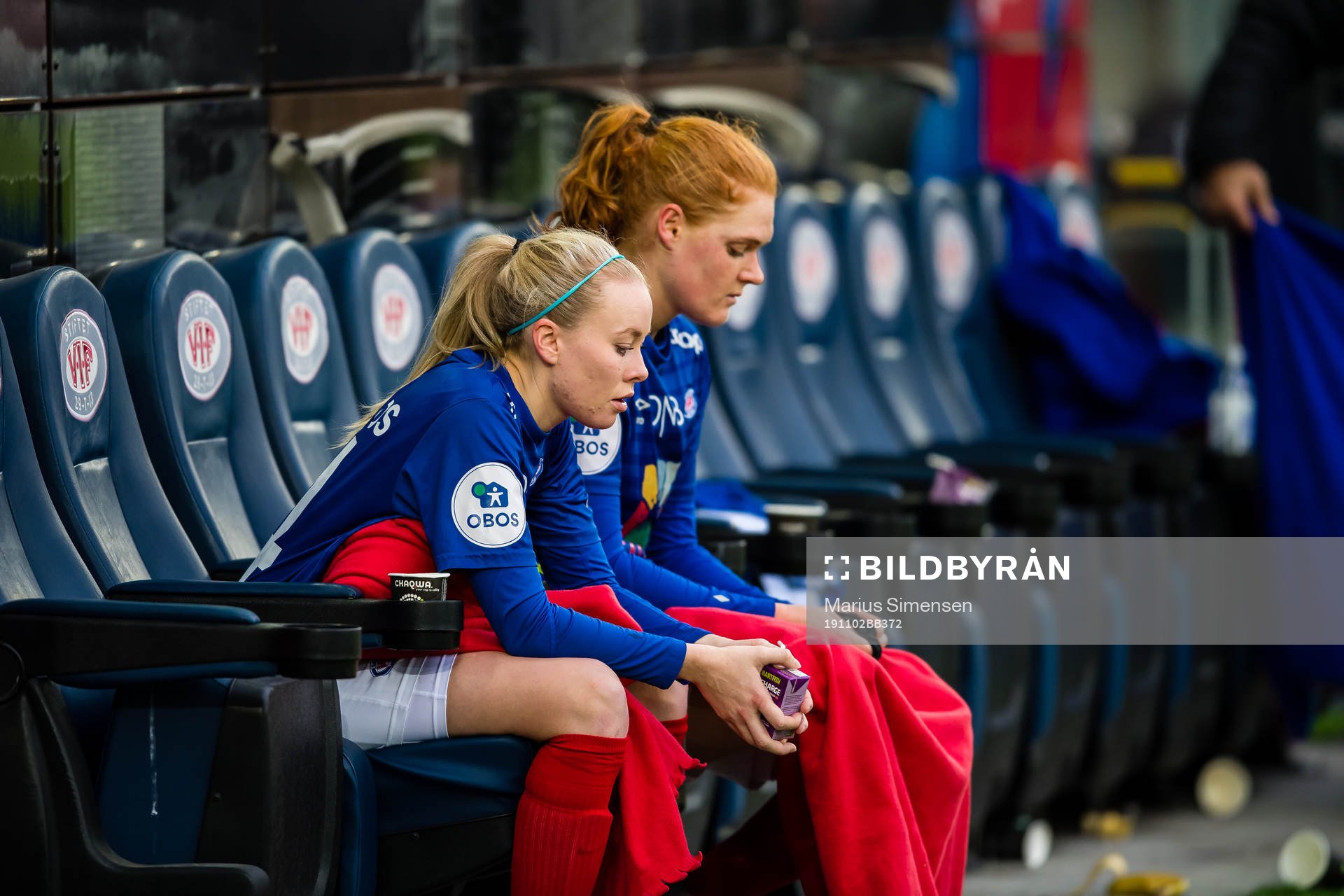 Stine Ballisager Pedersen and Tina Dalgård Konradsen of Vålerenga looks dejected after the Toppserien football match between Vålerenga and Avaldsnes on November 2, 2019 in Oslo.