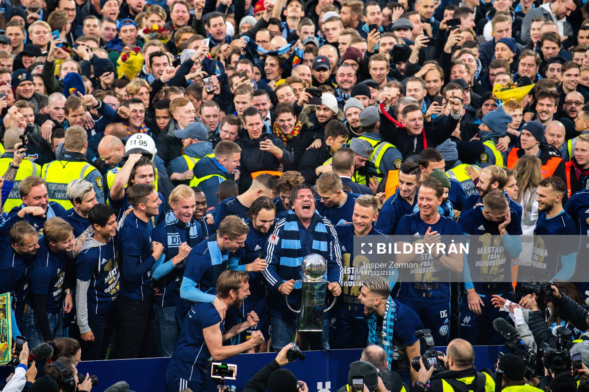 Djurgården’s director of sports Bosse Andersson hoists the Lennart Johansson trophy after the Allsvenskan football match between IFK Norrköping and Djurgården on November 2, 2019 in Norrköping, Sweden. Djurgården became Swedish champions after the 2-2 tie.