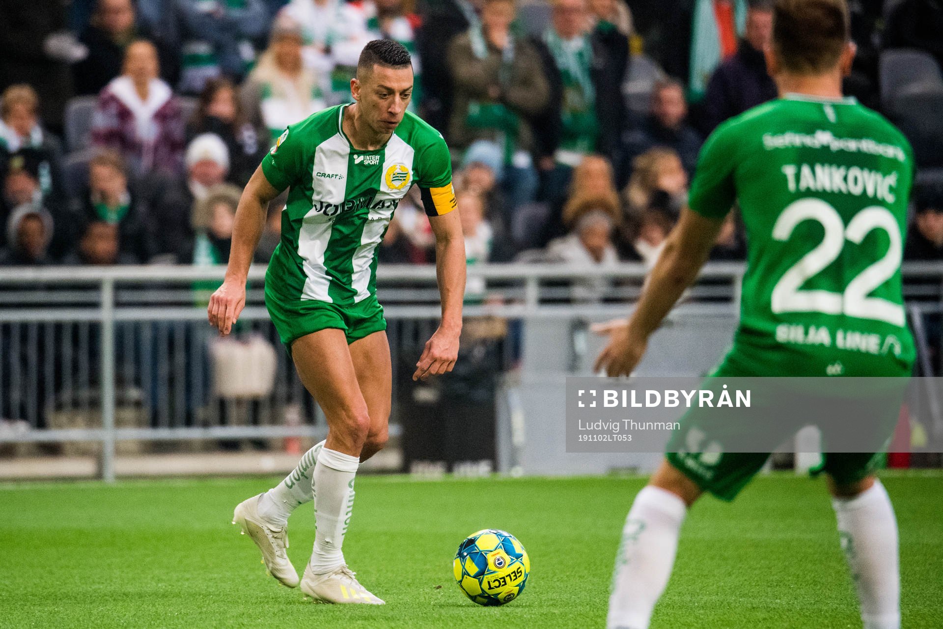 Hammarbys Nikola Djurdjic under fotbollsmatchen i Allsvenskan mellan Hammarby och Häcken den 2 november 2019 i Stockholm.