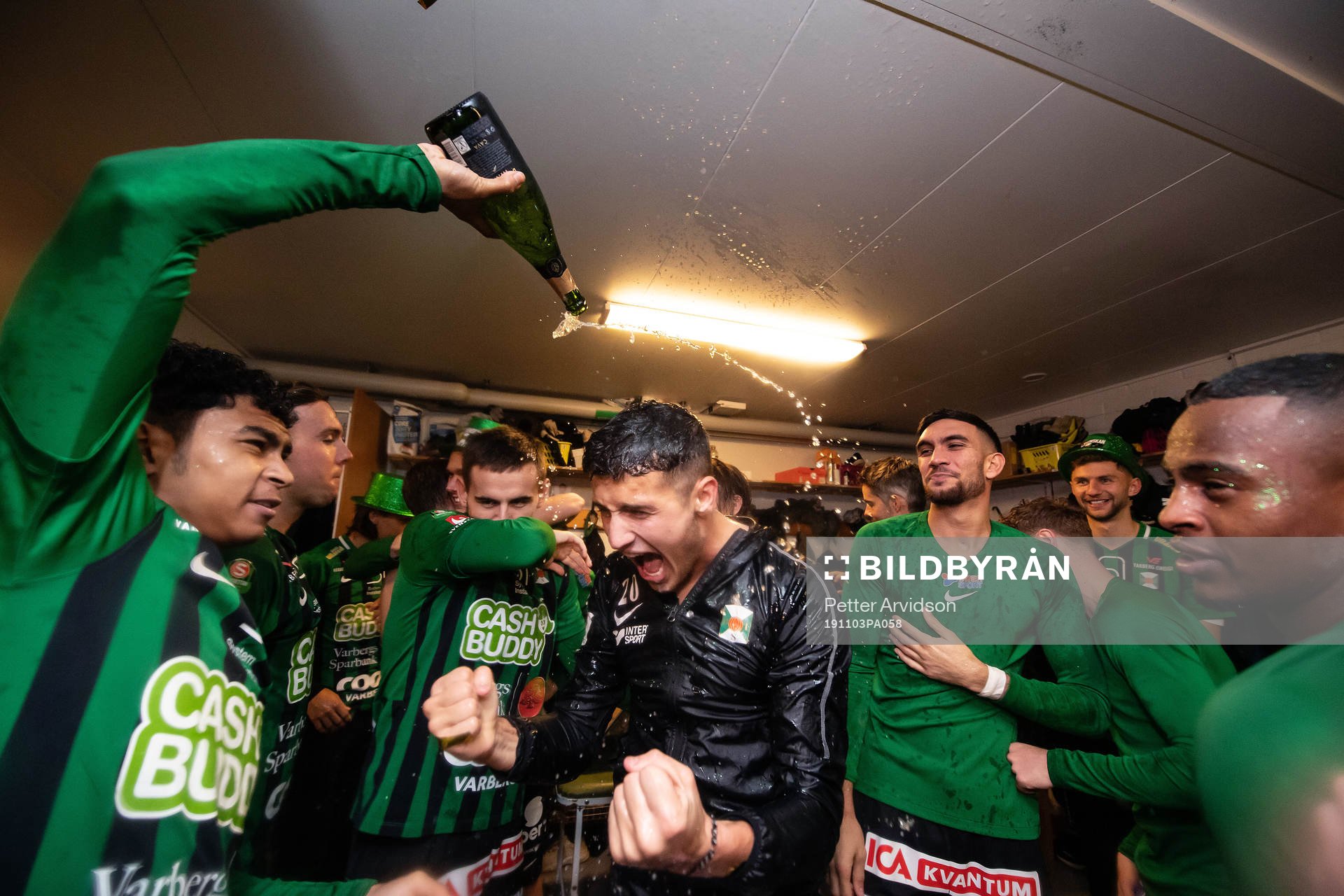 Varbergs Keanin Ayer Boya och Douglas Karlberg  jublar i omklädningsrummet efter fotbollsmatchen i Superettan mellan Varberg och Mjällby den 3 november 2019 i Varberg.