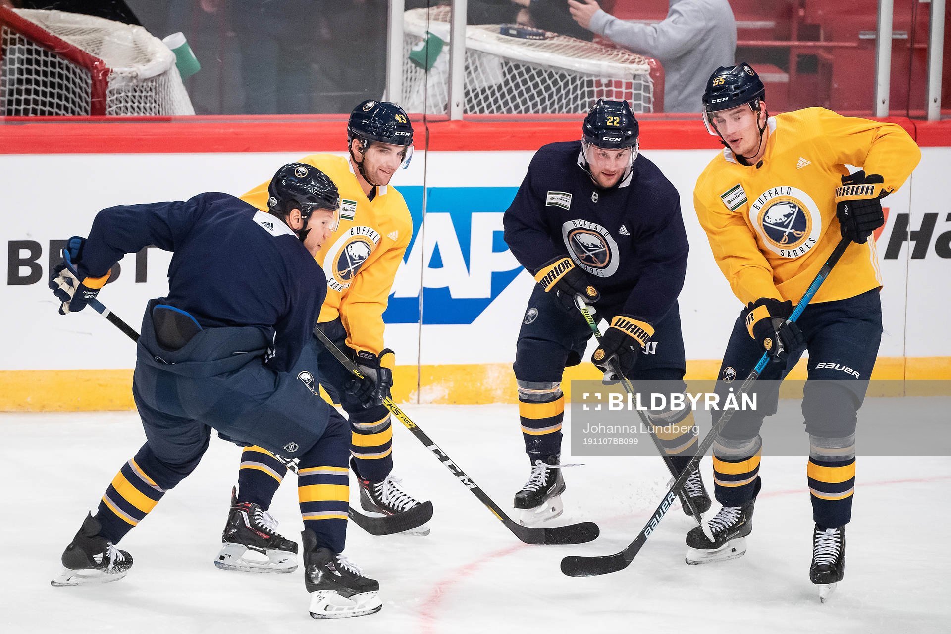 Conor Sheary, Johan Larsson and Rasmus Ristolainen of
