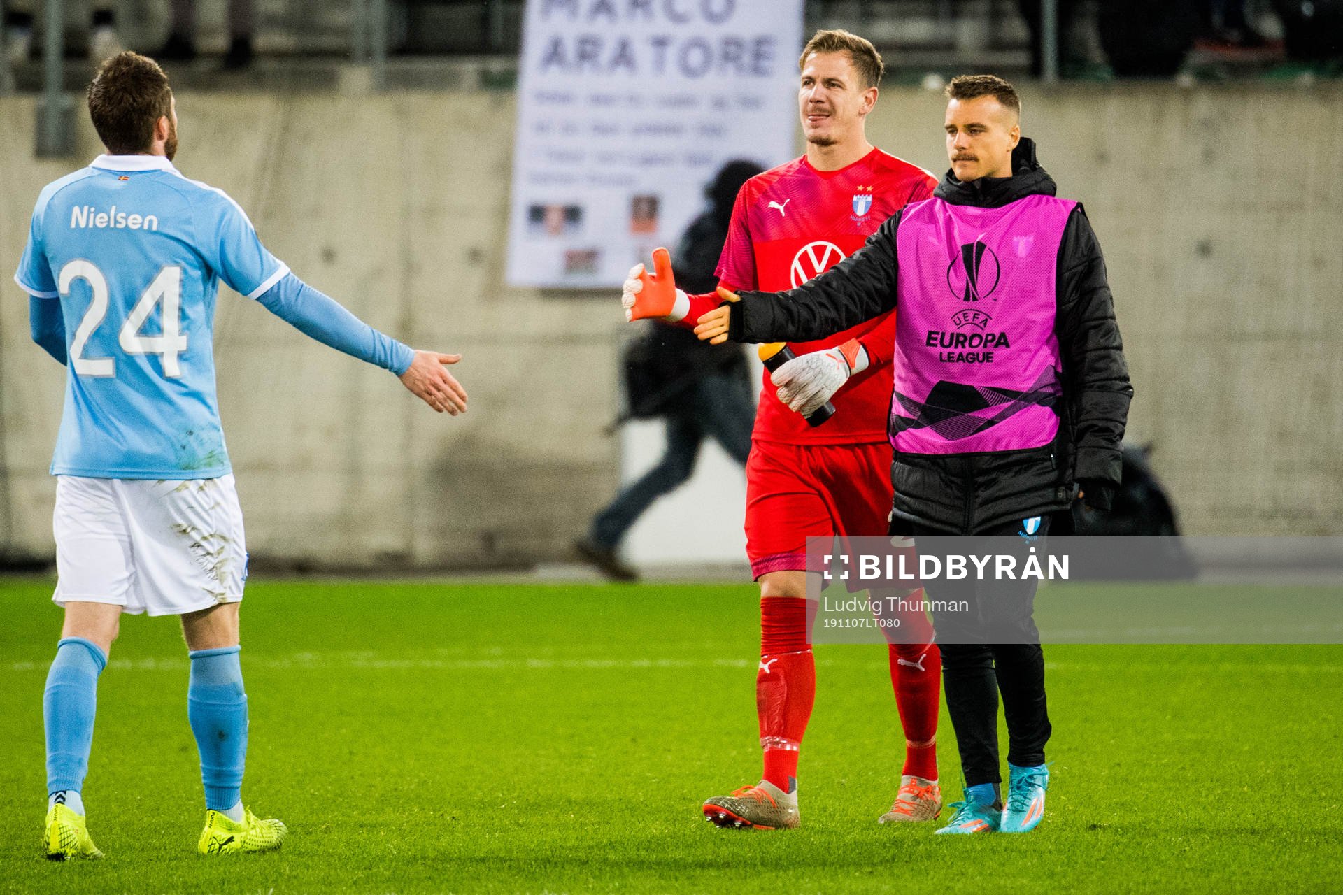 Lasse Nielsen, goalkeeper Johan Dahlin and Eric Larsson