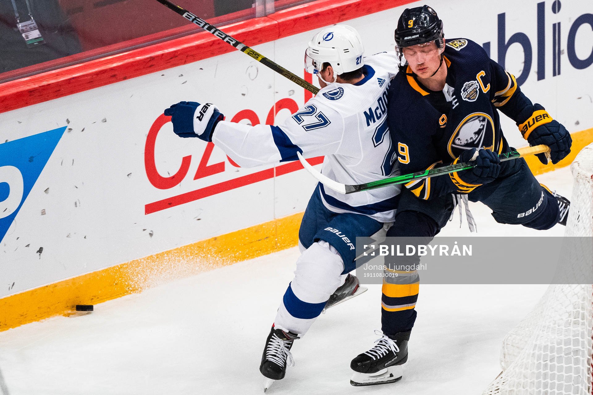 Ryan McDonagh of Tampa Bay Lightning and Jack Eichel of