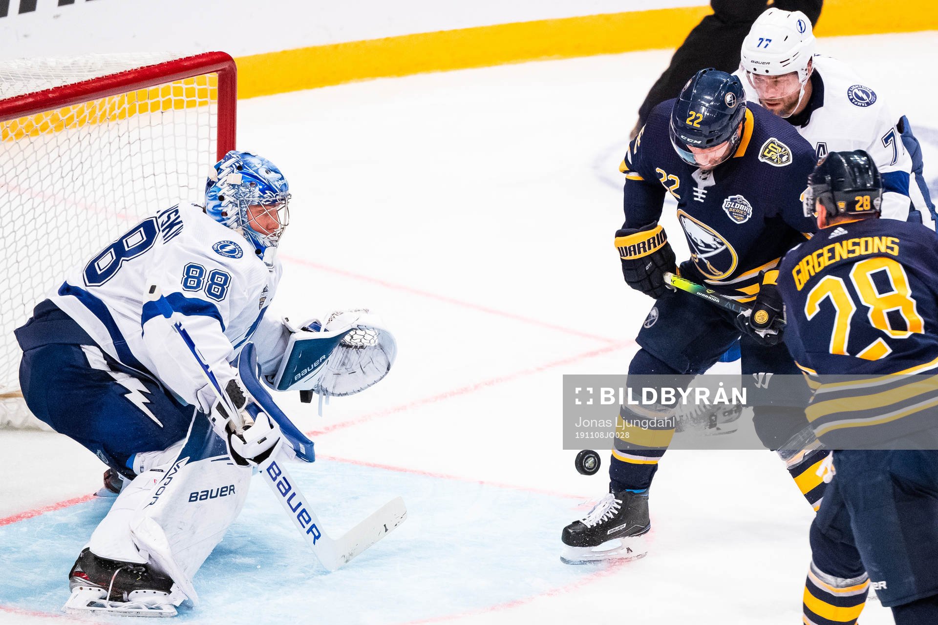 Johan Larsson of Buffalo Sabres in front of goalkeeper
