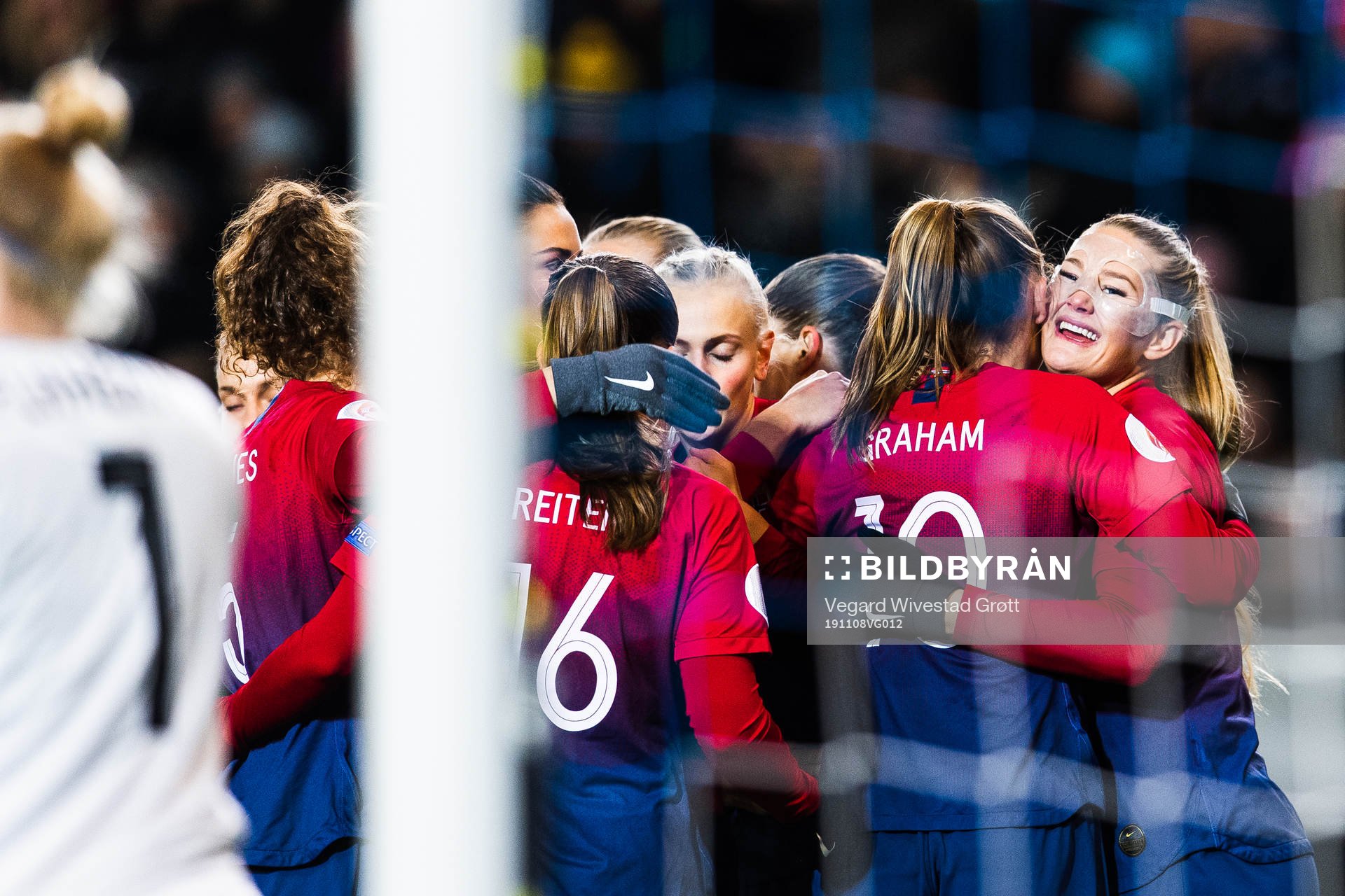 Lisa-Marie Karlseng Utland celebrates with Caroline Graham Hansenof Norway after scoring 1-0 during the UEFA Women's Euro Qualifier football match between Norway and Northern Ireland on November 8, 2019 in Stavanger.