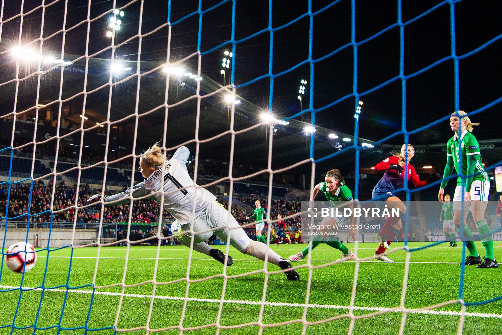 Demi Vance and Julie Nelson of Northern Ireland see Lisa-Marie Karlseng Utland of Norway score 2-0 behind their goalkeeper Rebecca Flaherty during the UEFA Women's Euro Qualifier football match between Norway and Northern Ireland on November 8, 2019 in Stavanger.