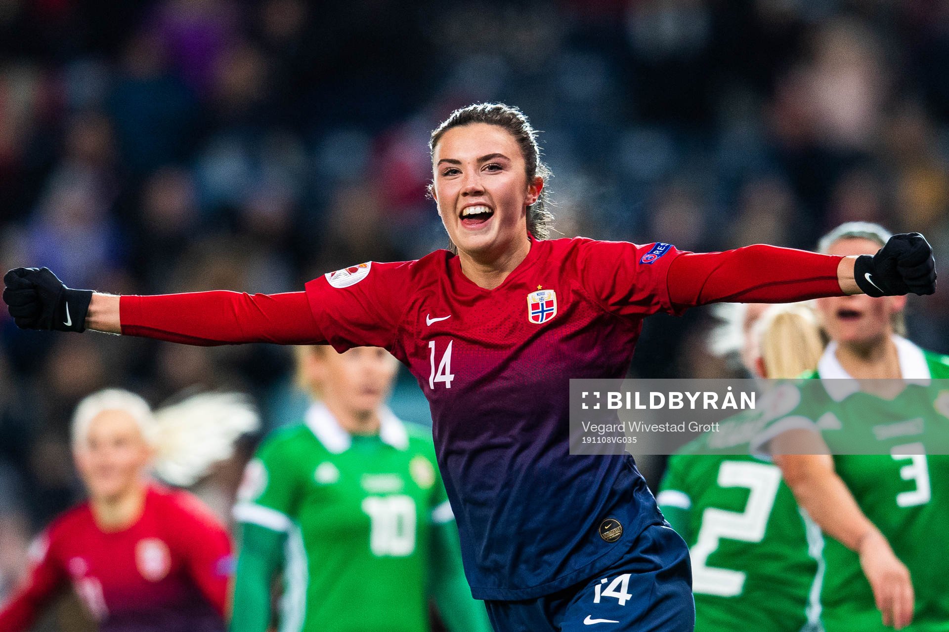 Ingrid Syrstad Engen of Norway celebrates scoring 4-0