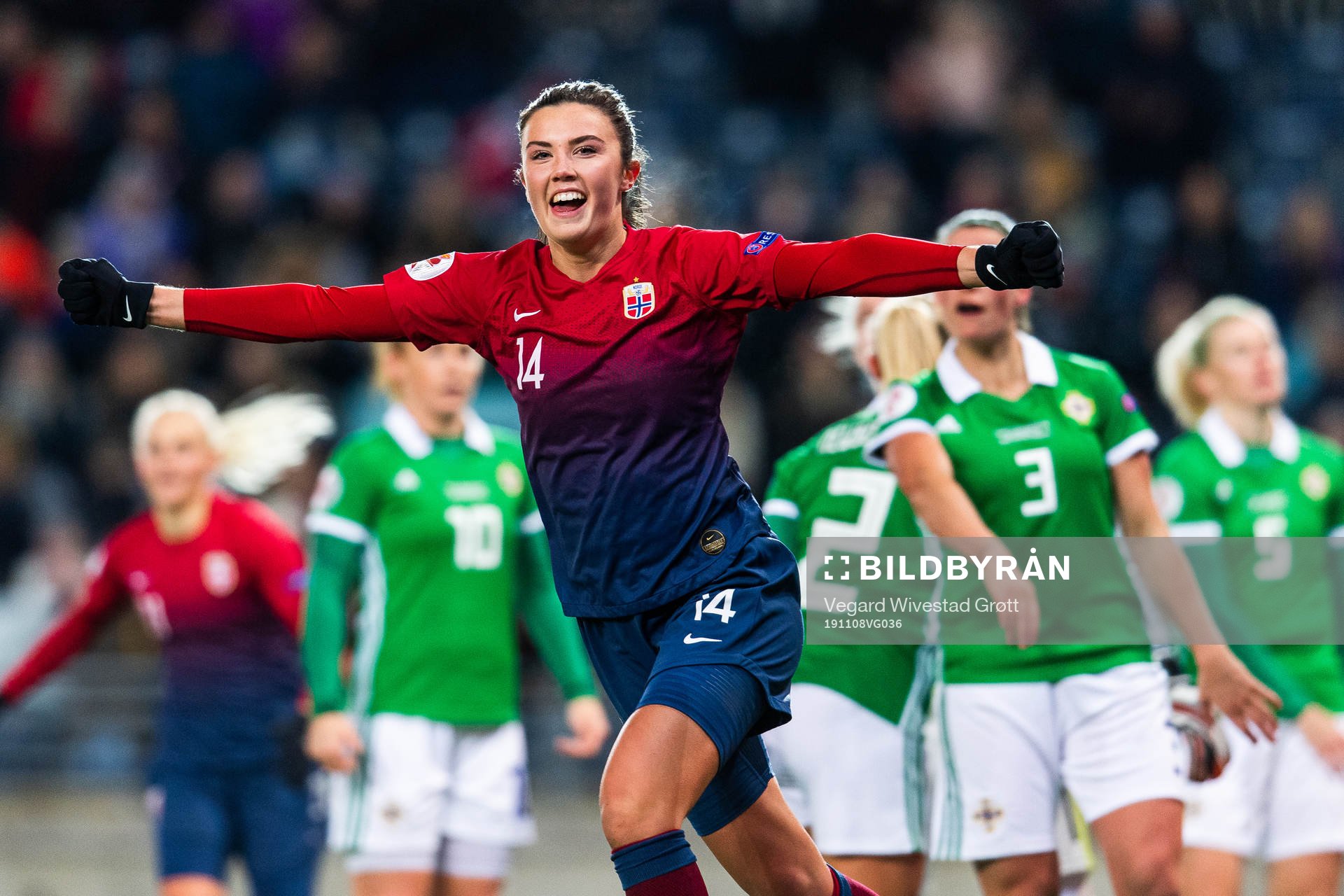 Ingrid Syrstad Engen of Norway celebrates scoring 4-0 during the UEFA Women's Euro Qualifier football match between Norway and Northern Ireland on November 8, 2019 in Stavanger.