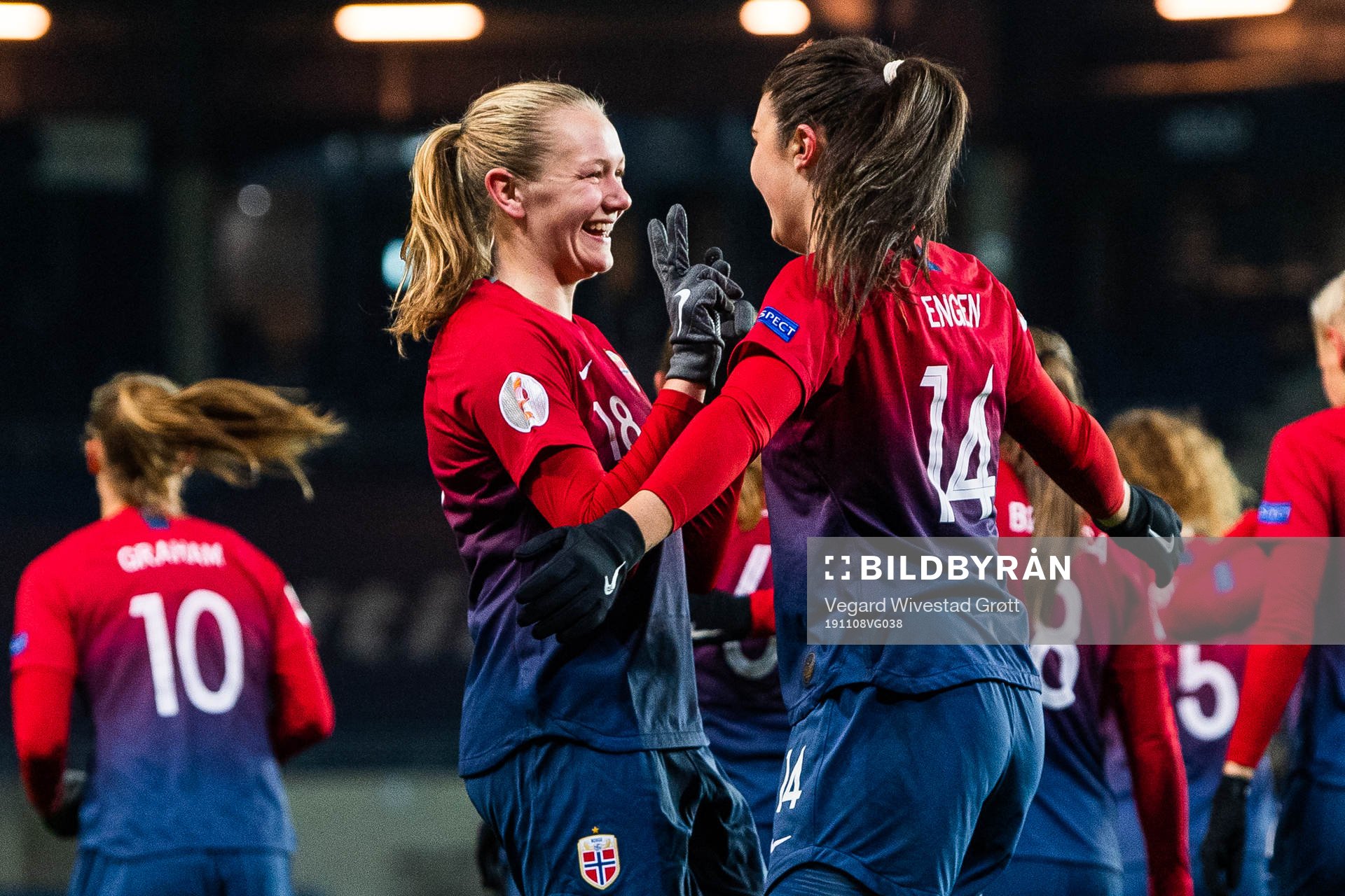 Ingrid Syrstad Engen celebrates with Frida Maanum of Norway after scoring 4-0 during the UEFA Women's Euro Qualifier football match between Norway and Northern Ireland on November 8, 2019 in Stavanger.