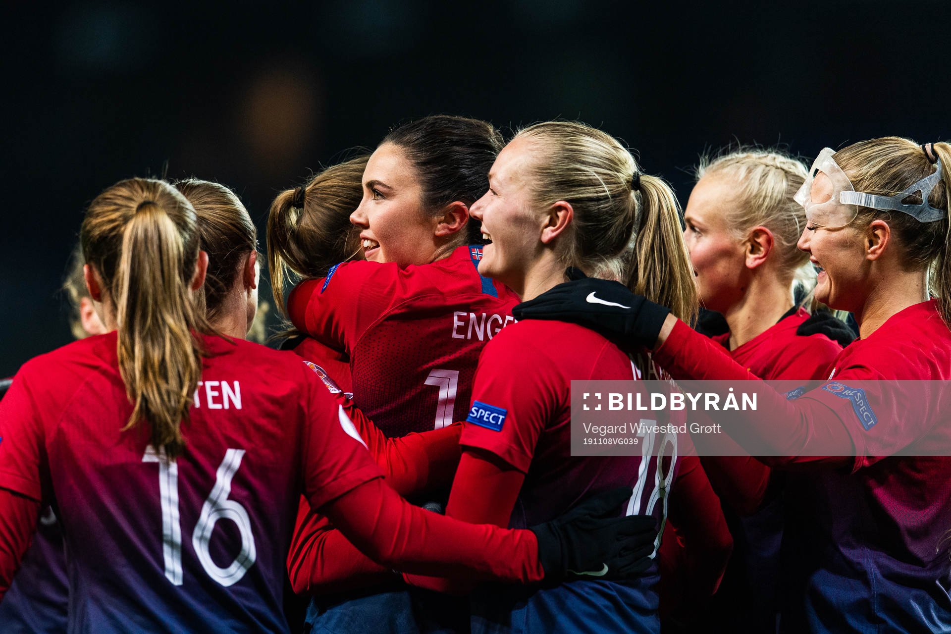Ingrid Syrstad Engen of Norway celebrates with team mates