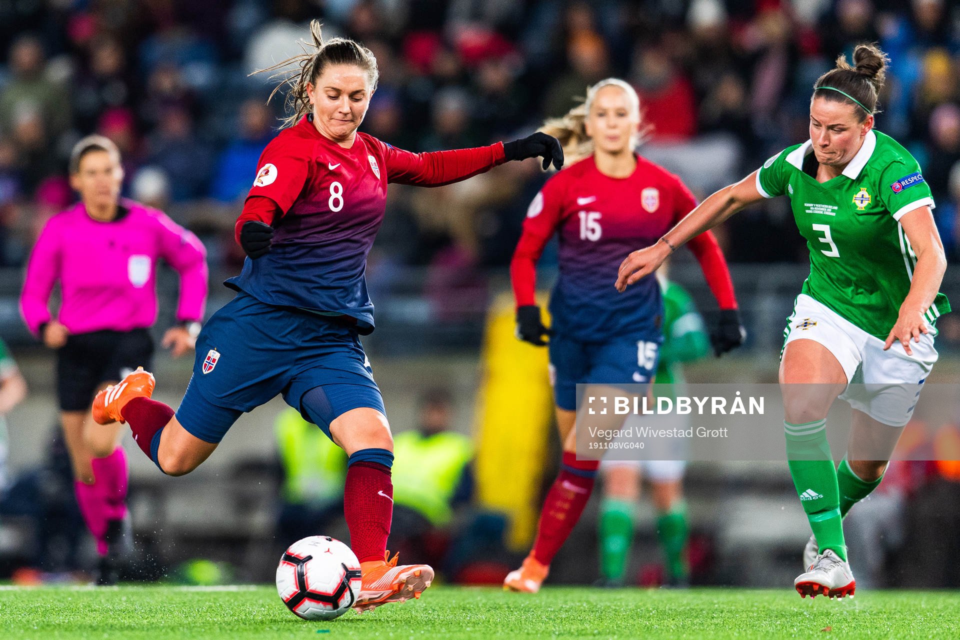 Vilde Bøe Risa of Norway and Demi Vance of Northern Ireland during the UEFA Women's Euro Qualifier football match between Norway and Northern Ireland on November 8, 2019 in Stavanger.