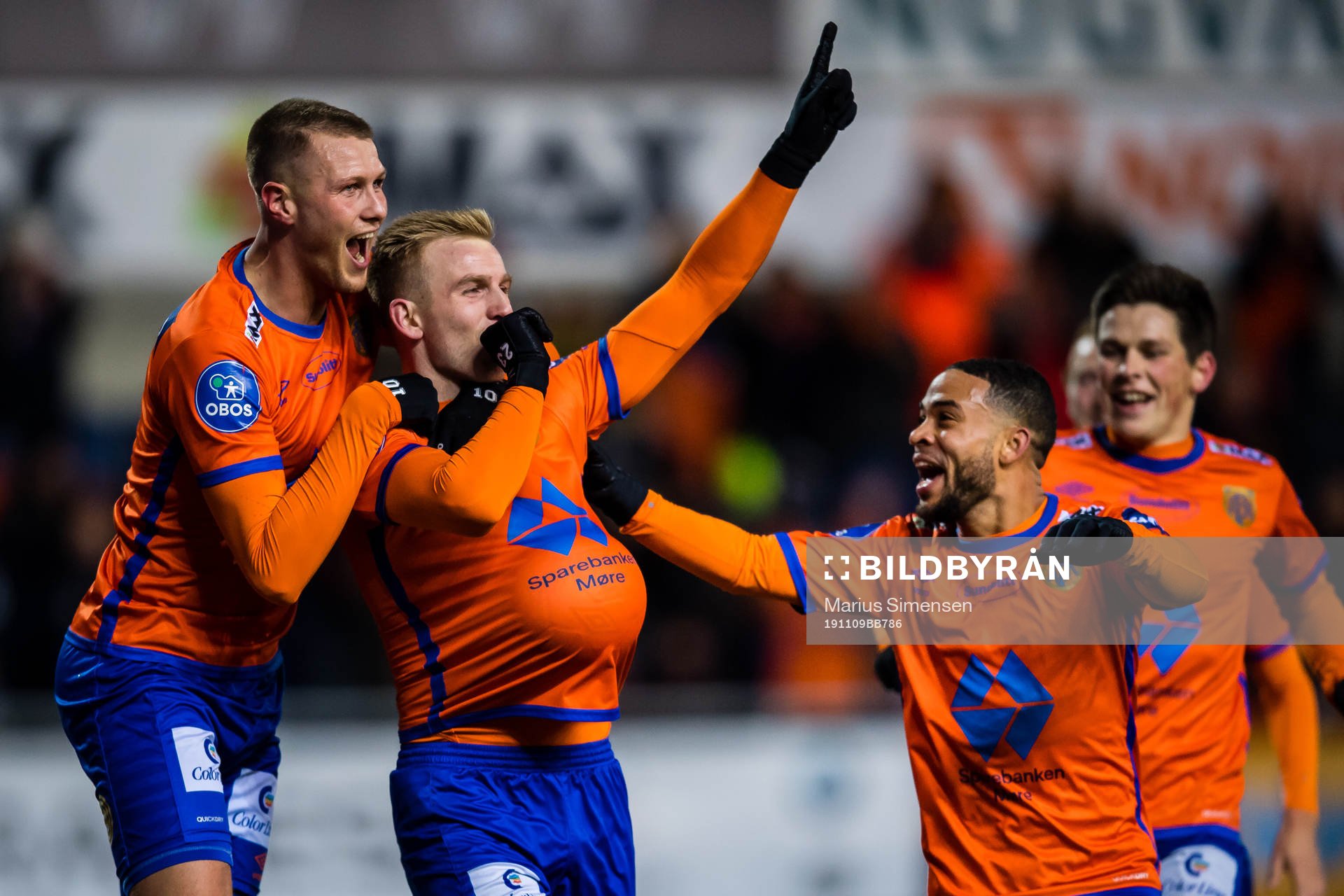 Torbjørn Agdestein of Aalesund celebrates with Holmbert Aron Briem Fridjonsson and Jernade Ronnel Meade of Aalesund after scoring the 3-1 goal during the OBOS-ligaen match between Aalesund and Sandefjord on November 9, 2019 in Ålesund.