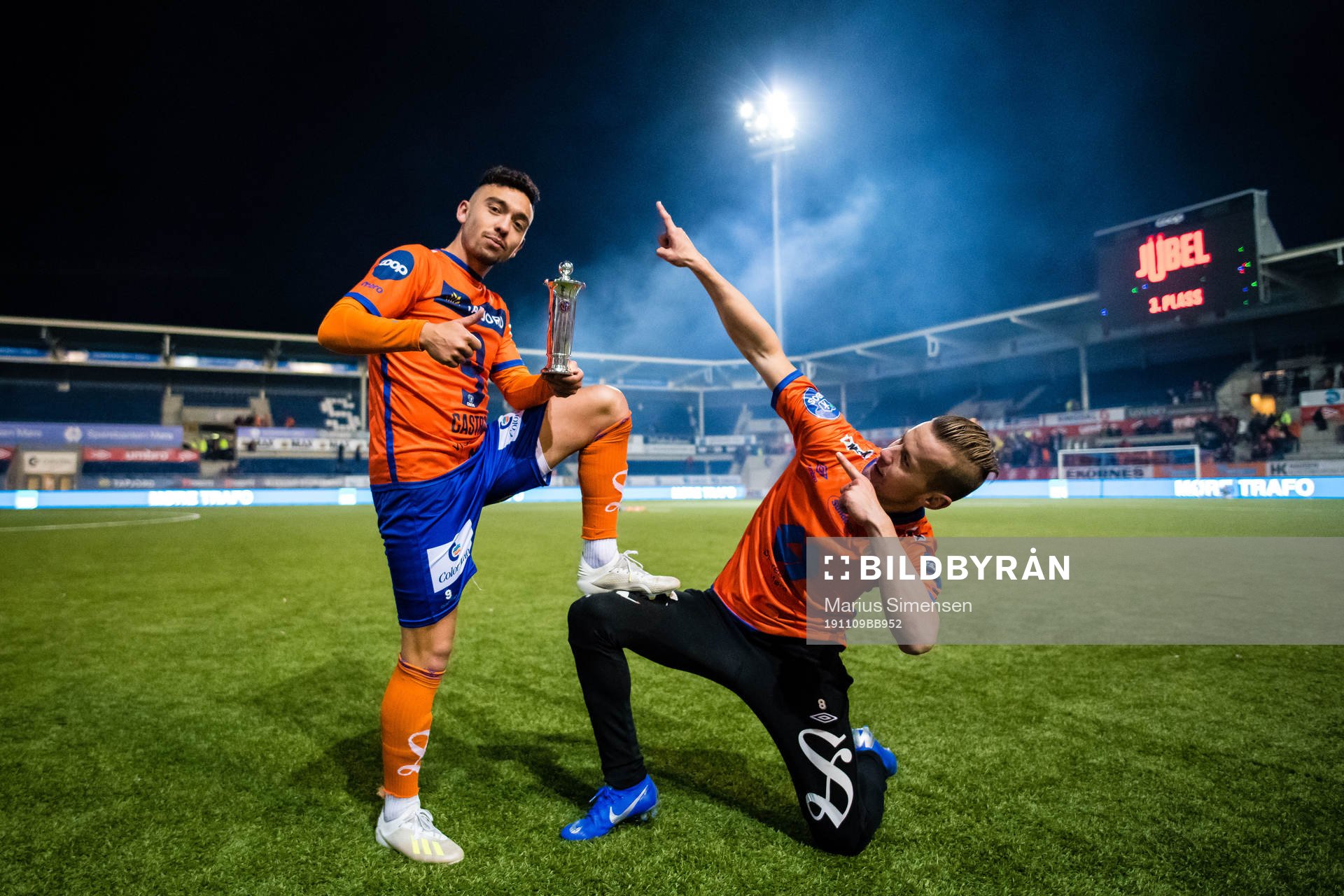 Niklas Fernando Nygaard Castro and Ståle Stålinho Sæthre of Aalesund after theer the OBOS-ligaen match between Aalesund and Sandefjord on November 9, 2019 in Ålesund.