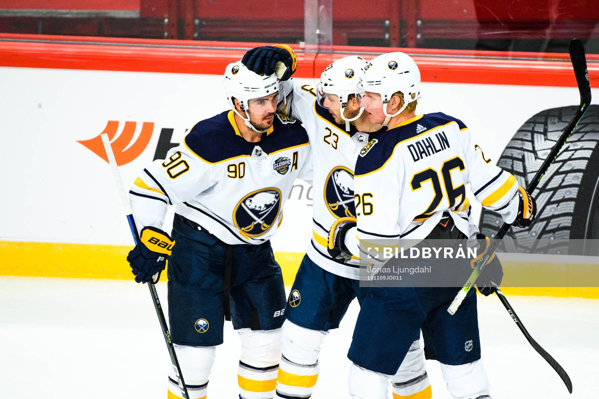 Marcus Johansson, Sam Reinhart and Rasmus Dahlin of Buffalo