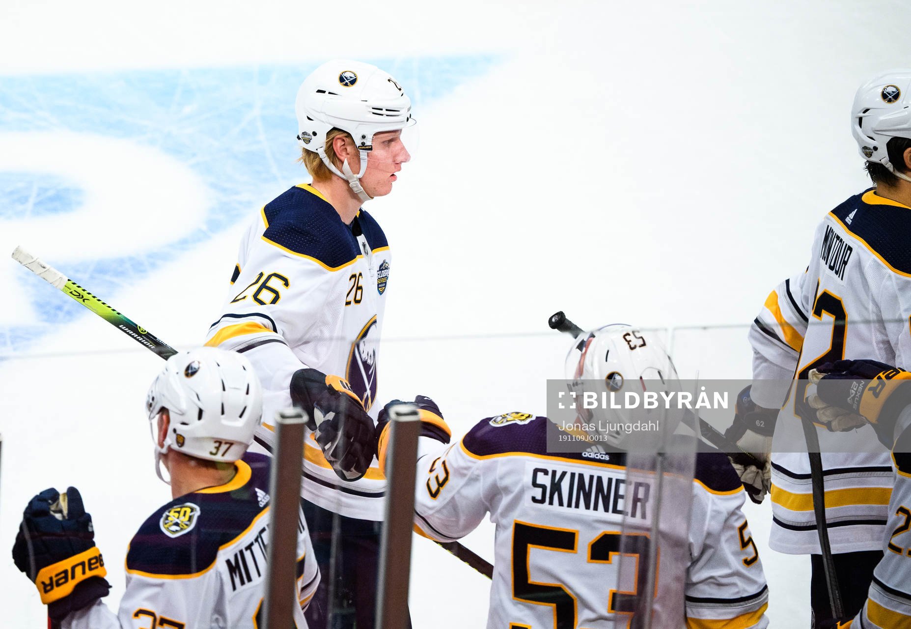 Rasmus Dahlin of Buffalo Sabres celebrates the 1-0 goal by