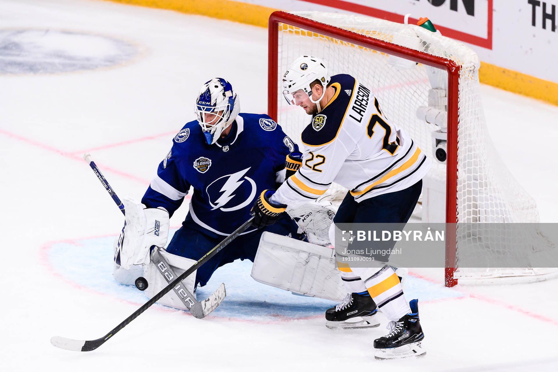 Johan Larsson of Buffalo Sabres in front of goalkeeper