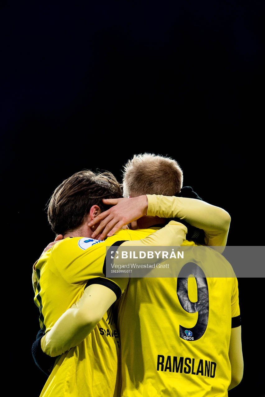 Martin Ramsland of Start celebrates with teammate Kasper Skaanes after scoring 0-1 during the OBOS-ligaen football match between Notodden and Start on November 9, 2019 in Notodden.