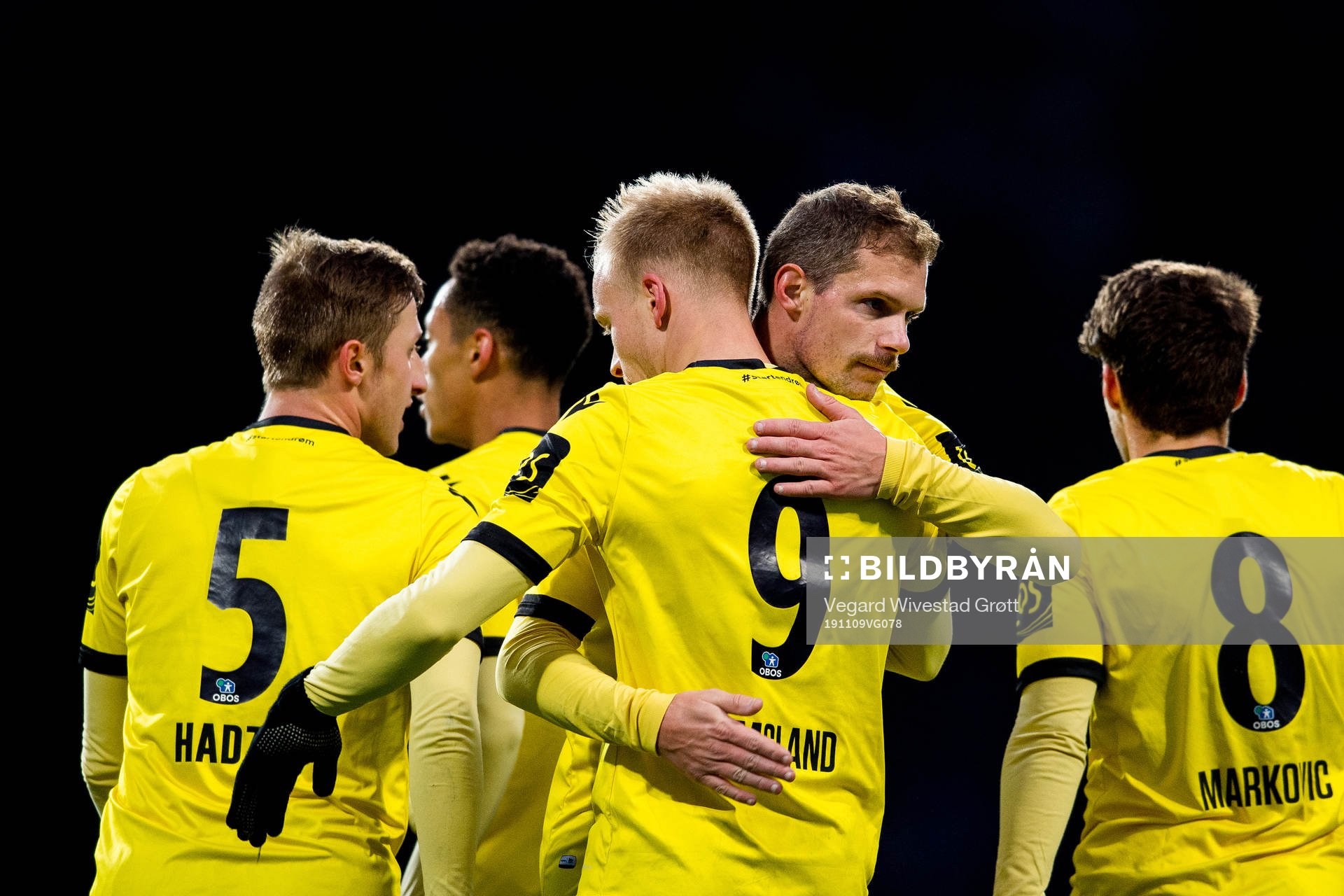 Martin Ramsland of Start celebrates with teammate Joackim Jørgensen after scoring 0-1 during the OBOS-ligaen football match between Notodden and Start on November 9, 2019 in Notodden.