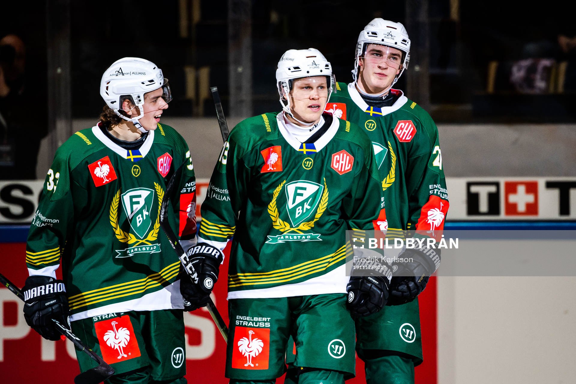 Daniel Viksten of Färjestad celebrate with teammates