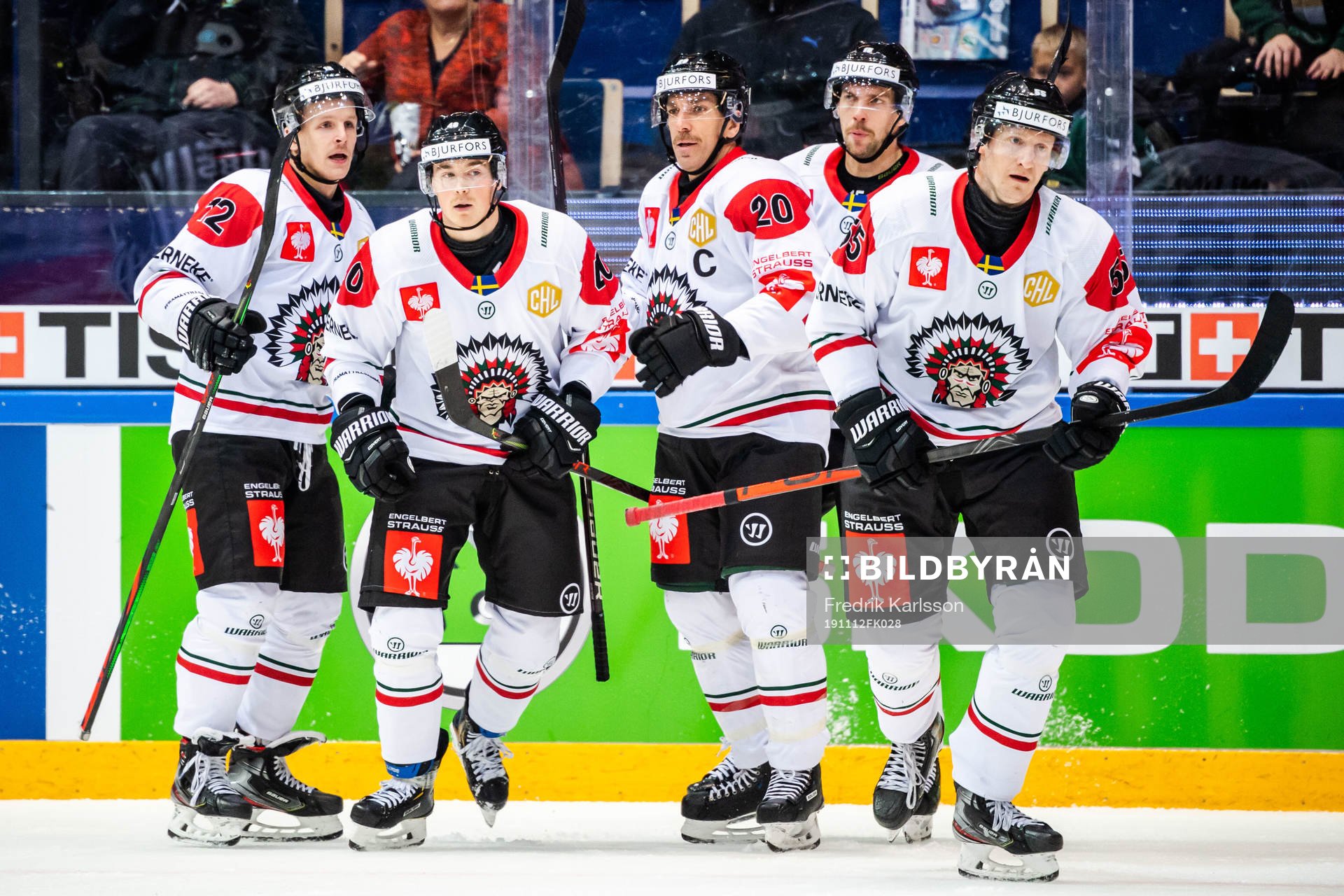 Joel Mustonen of Frölunda celebrate with teammates