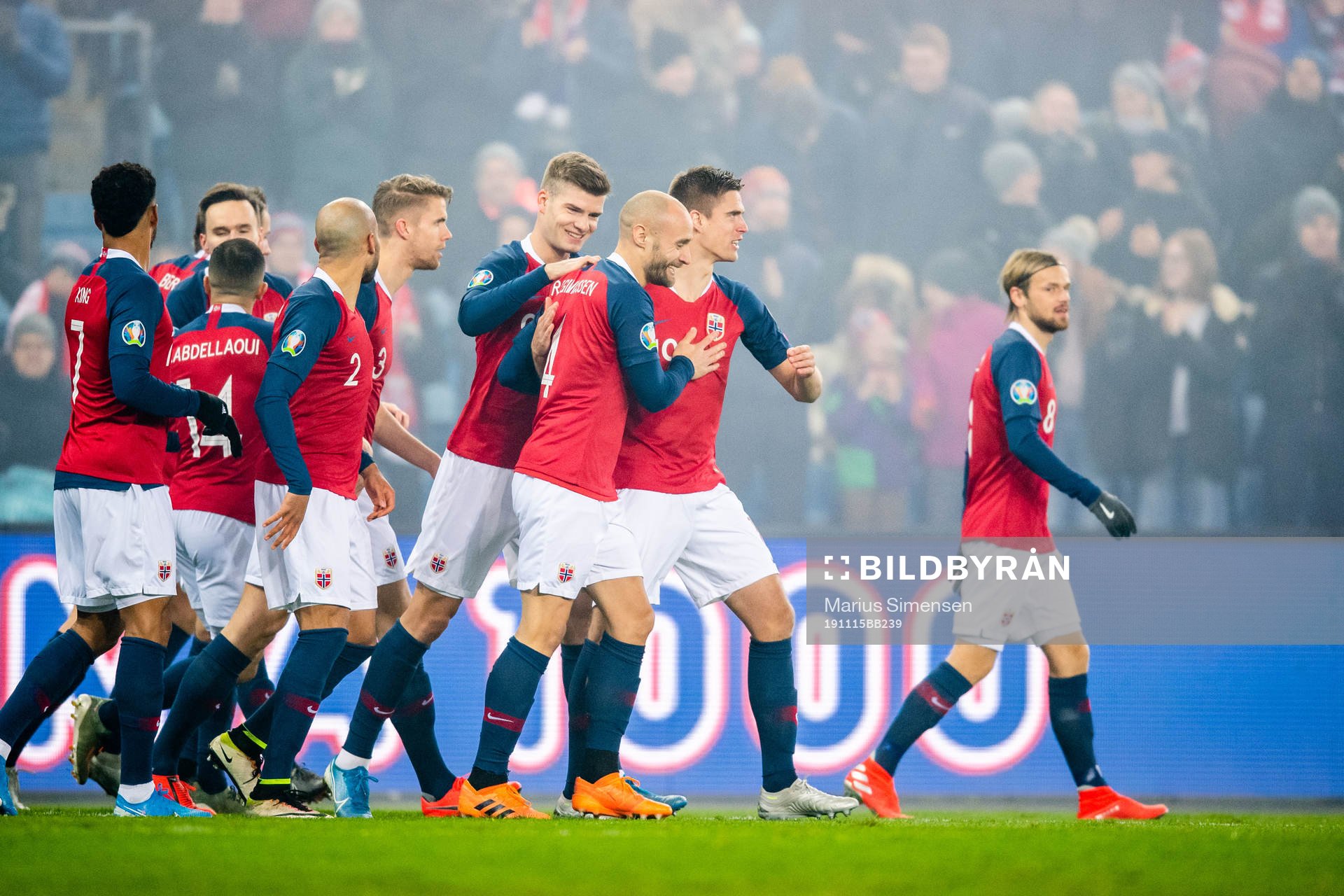Tore Reginiussen of Norway celebrates with teammates after scoring 1-0 during the UEFA Euro qualifier football match between Norway and Faroe Islands on November 15, 2019 in Oslo.