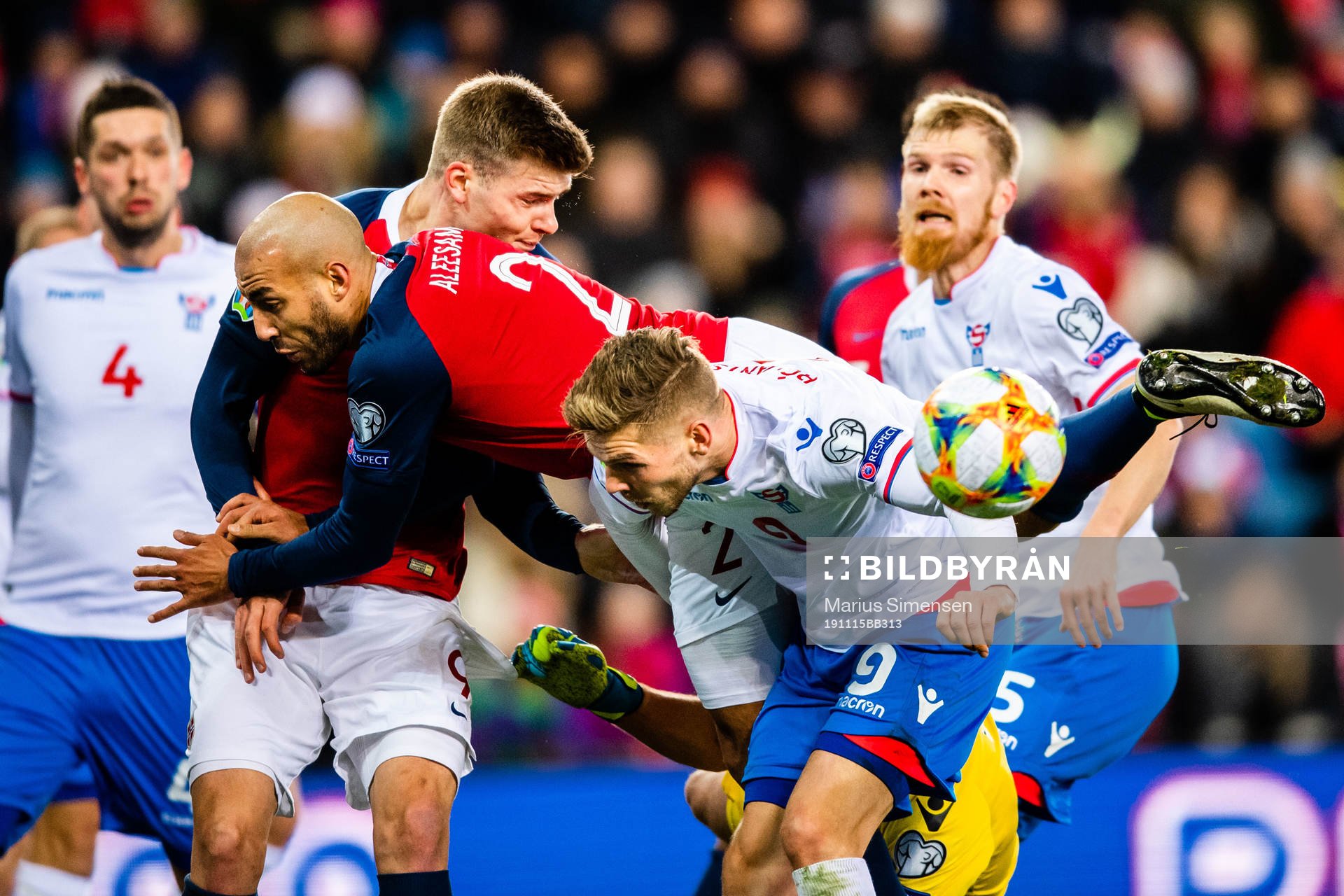 Alexander Sørloth and Haitam Aleesami  of Norway in a duel
