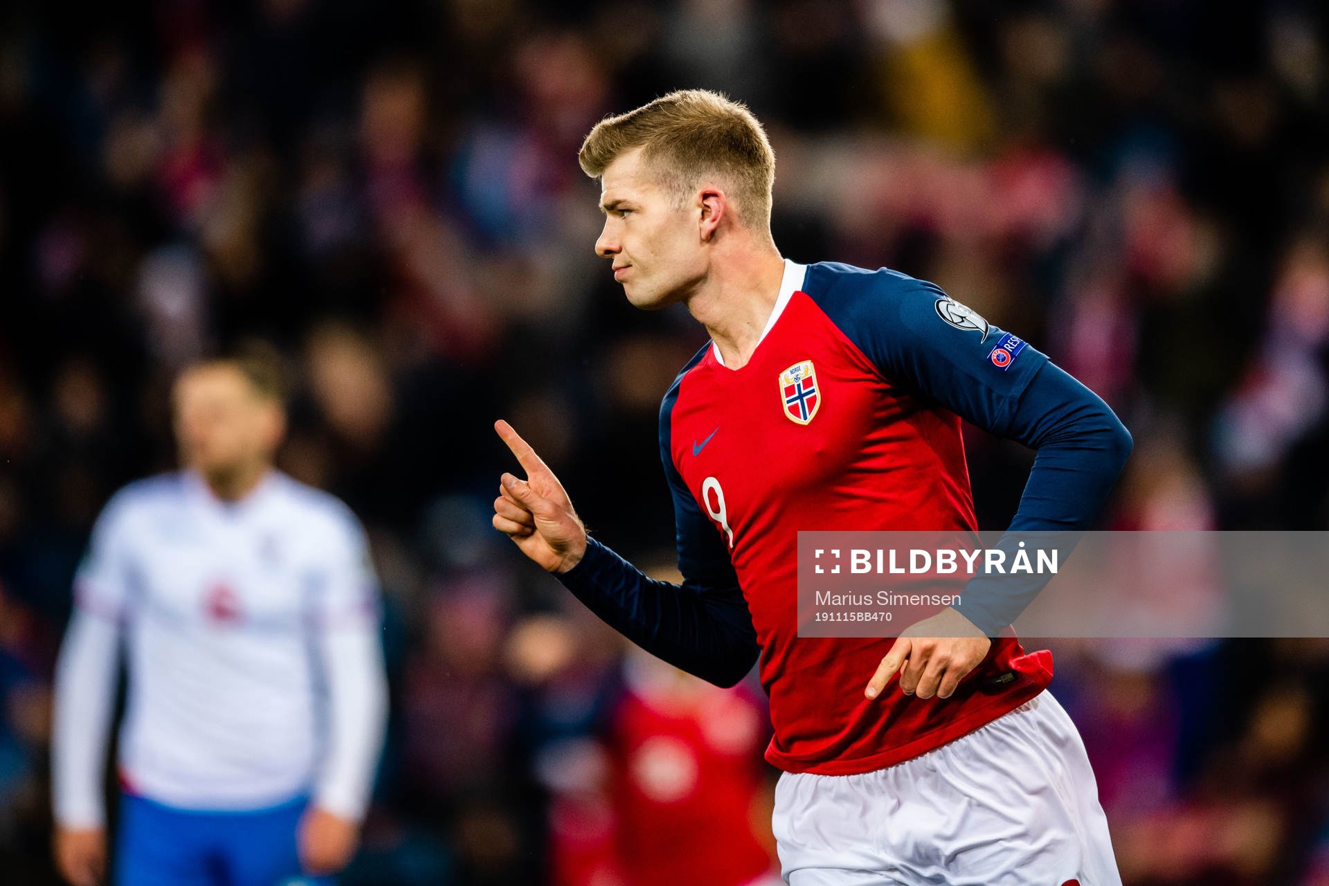 Alexander Sørloth of Norway celebrates 4-0 during the UEFA Euro qualifier football match between Norway and Faroe Islands on November 15, 2019 in Oslo.
