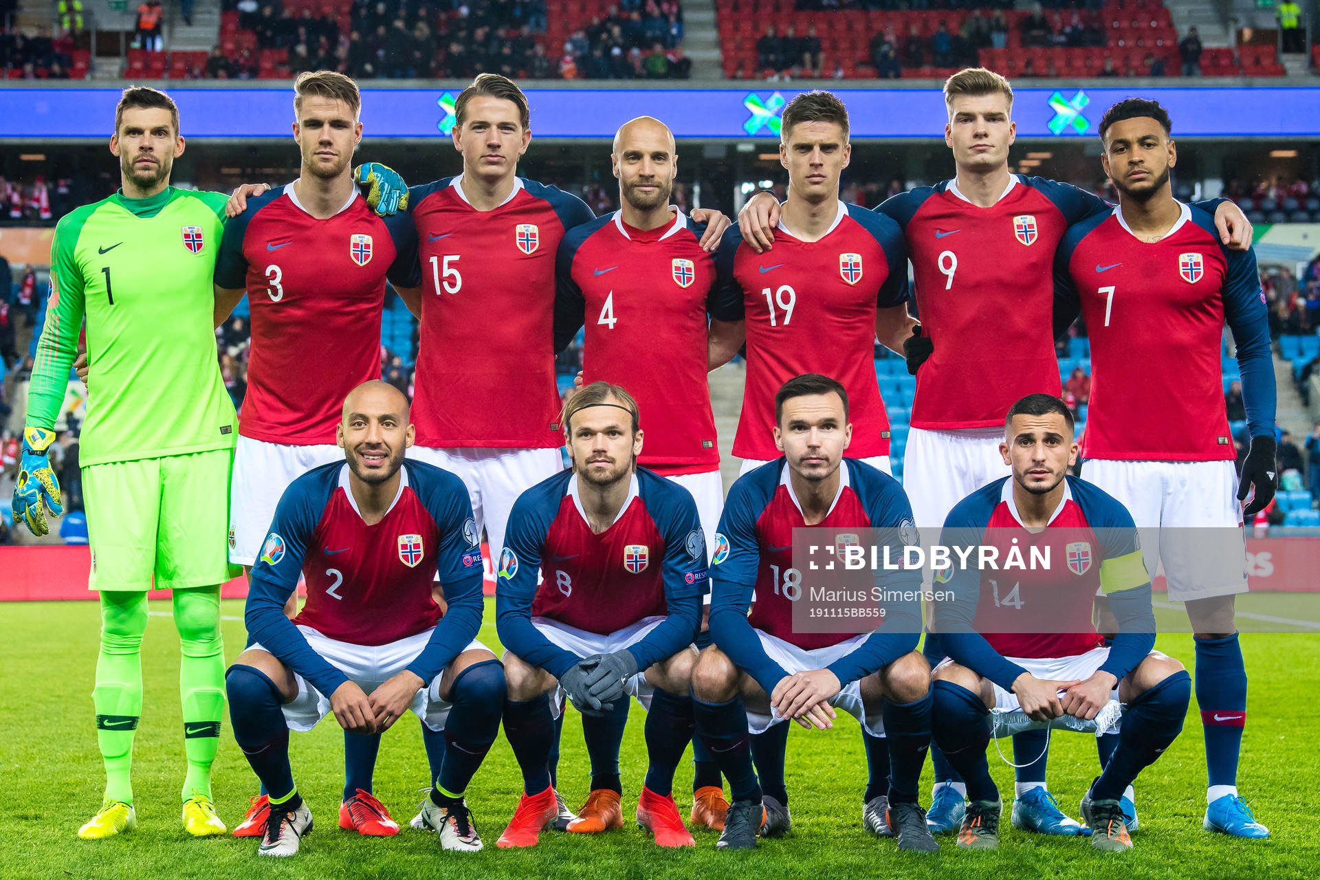 The starting eleven of Norway, from the top left; Rune
