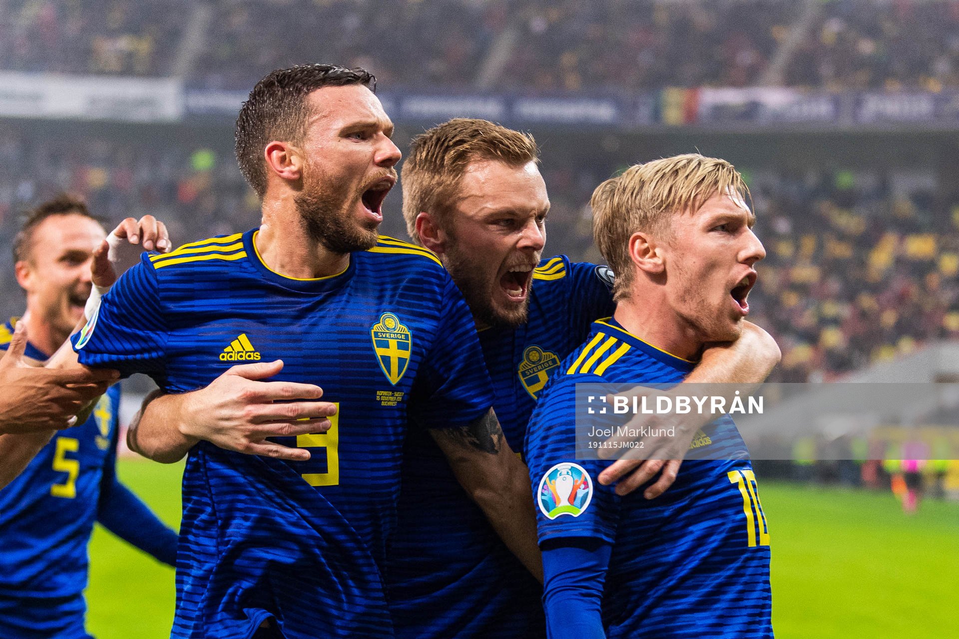 Marcus Berg, Sebastian Larsson and Emil Forsberg of Sweden celebrate after 0-1 by Berg during the UEFA Euro Qualifier football match between Romania and Sweden on November 15, 2019 in Bucharest.